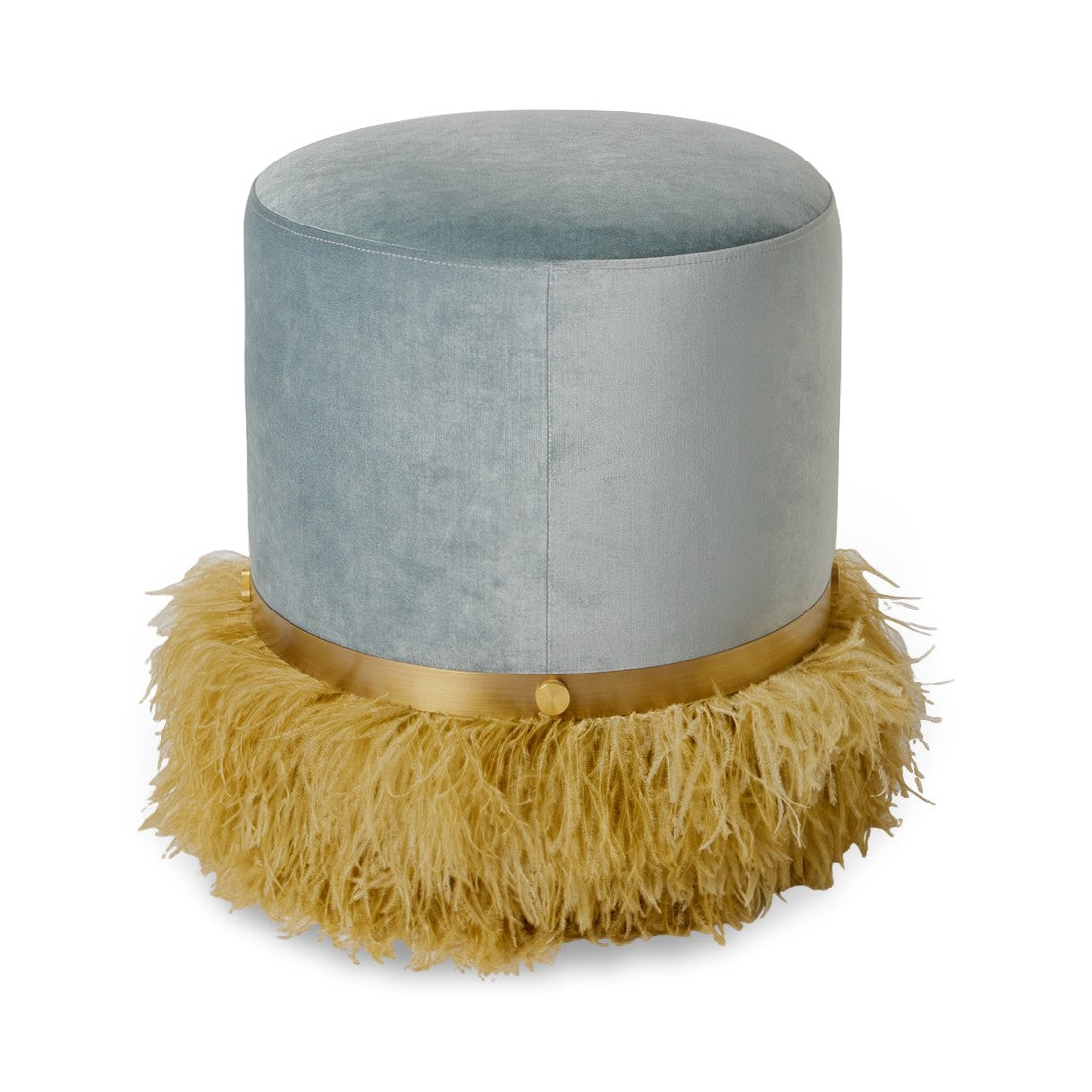 Ostrich Fluff Pouf Ottoman - Silver Velvet / Gold Feather