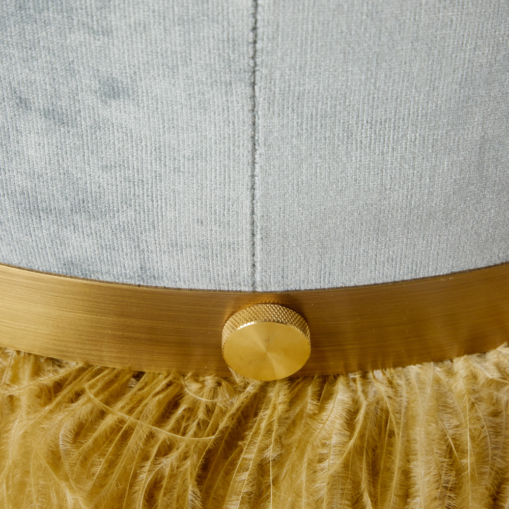 Ostrich Fluff Pouf Ottoman - Silver Velvet / Gold Feather