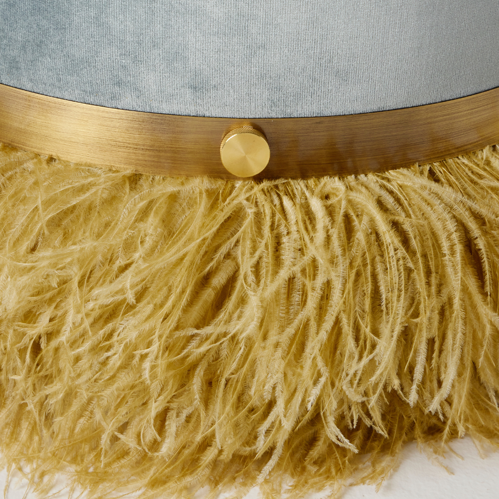 Ostrich Fluff Pouf Ottoman - Silver Velvet / Gold Feather