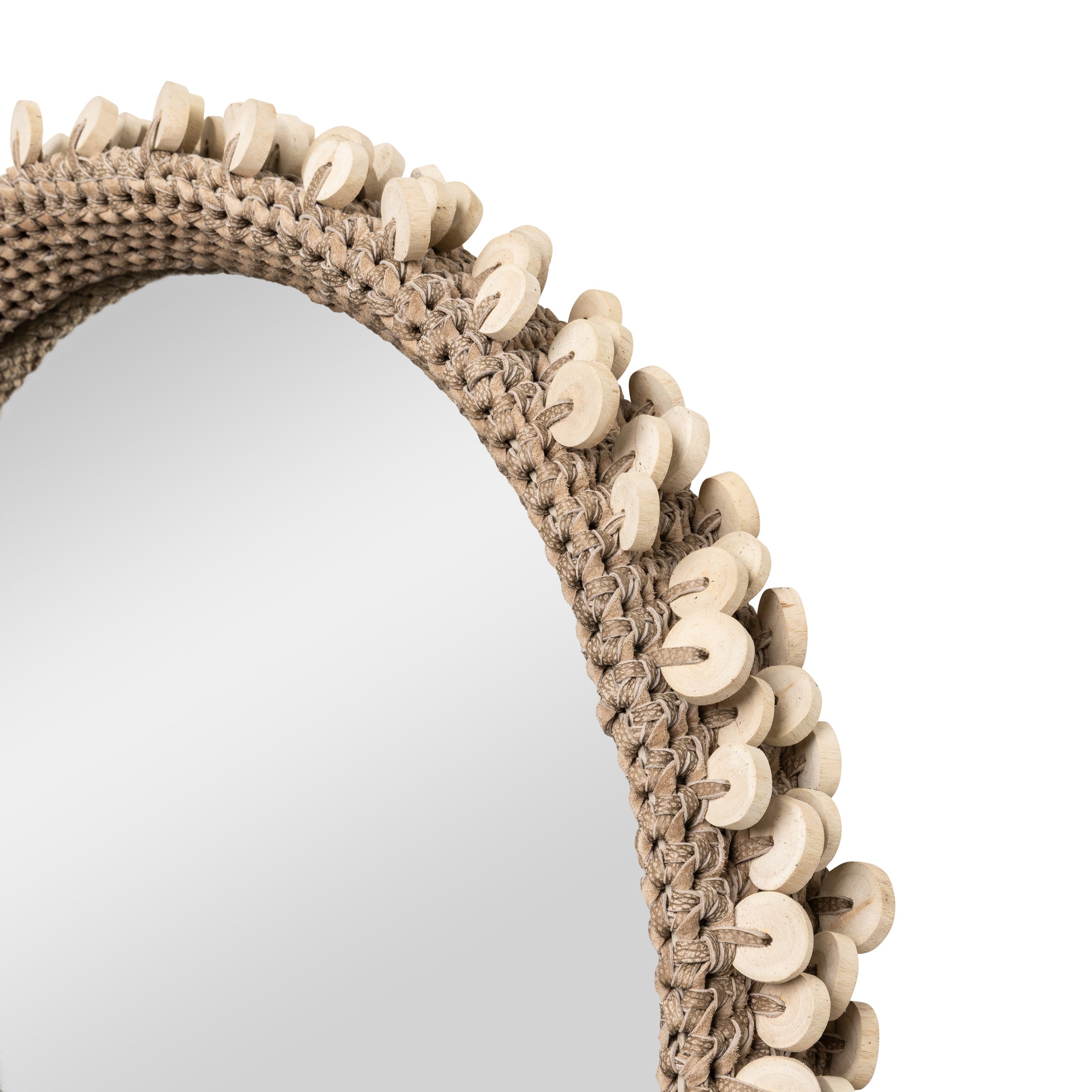 Chobe Crocheted Leather Mirror w/ Wood Discs