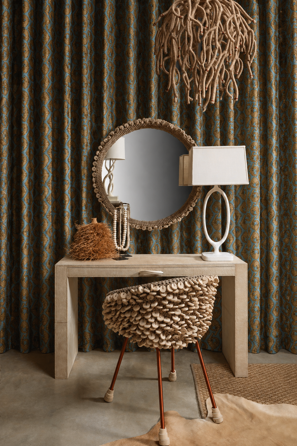 Chobe Crocheted Leather Mirror w/ Wood Discs