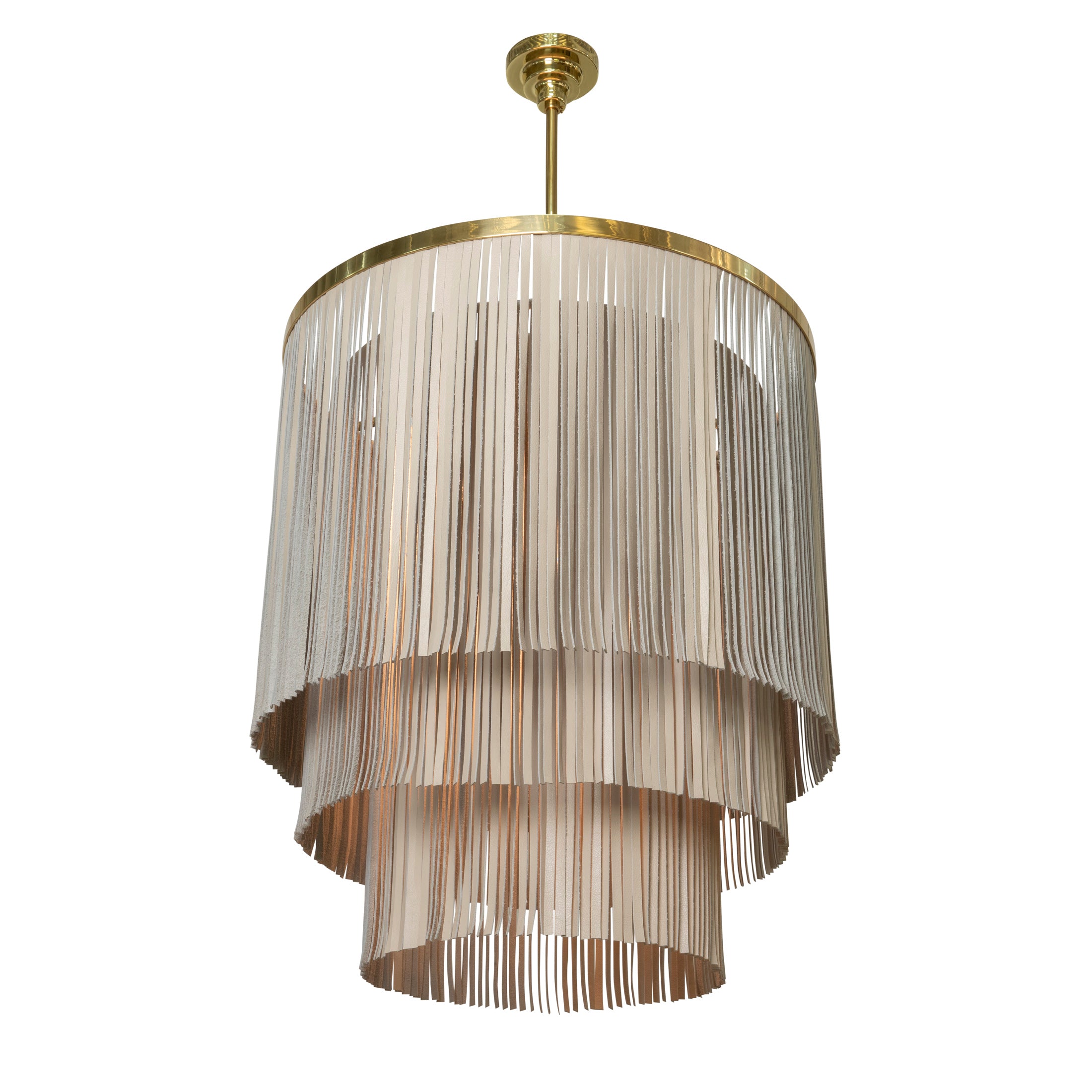 Small NeKeia Leather Chandelier in Brass Finish and Cream-Stone Leather
