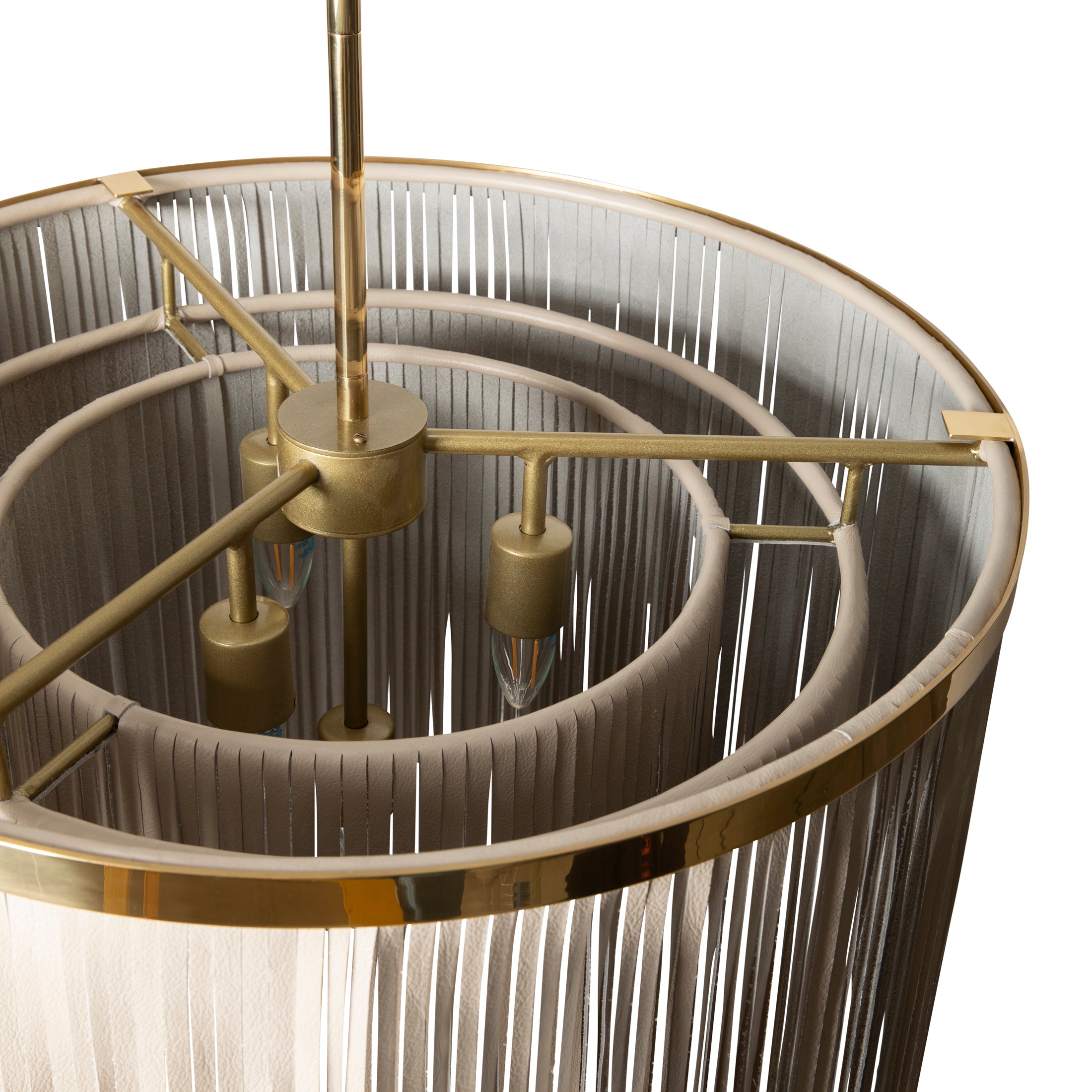 Small NeKeia Leather Chandelier in Brass Finish and Cream-Stone Leather