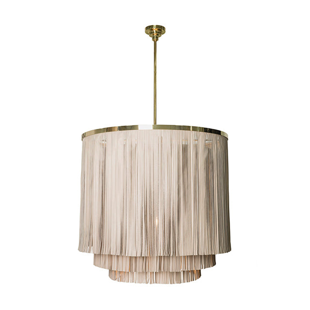 Large NeKeia Leather Chandelier in Brass Finish and Cream-Stone Leather