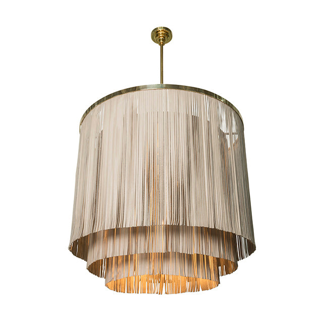 Large NeKeia Leather Chandelier in Brass Finish and Cream-Stone Leather