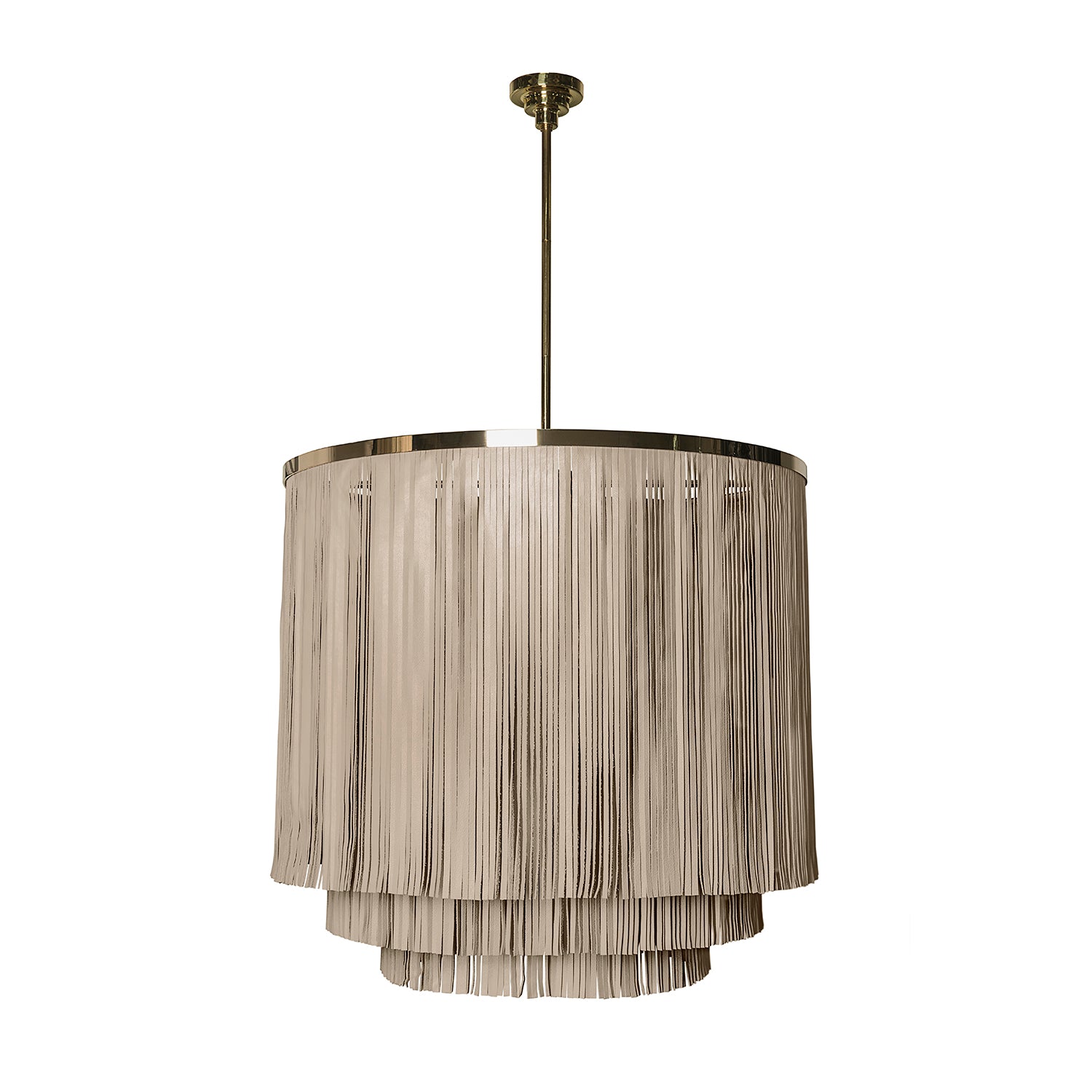 Large NeKeia Leather Chandelier in Brass Finish and Cream-Stone Leather