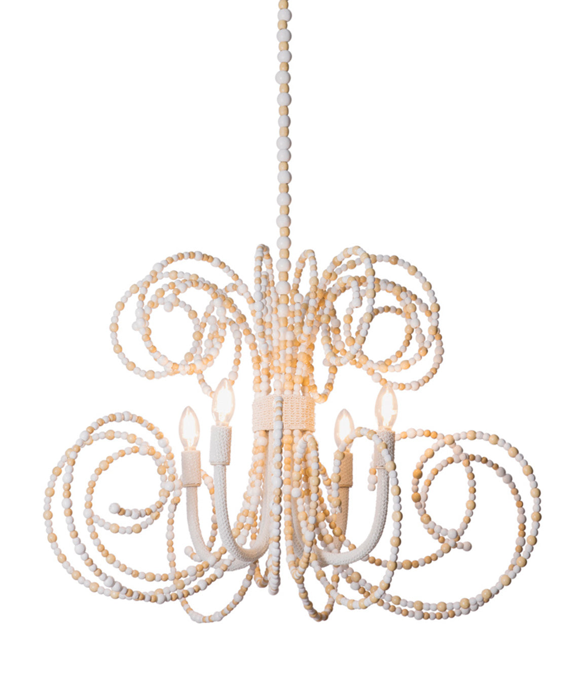 Twirly Wood Beaded Chandelier in Natural & White