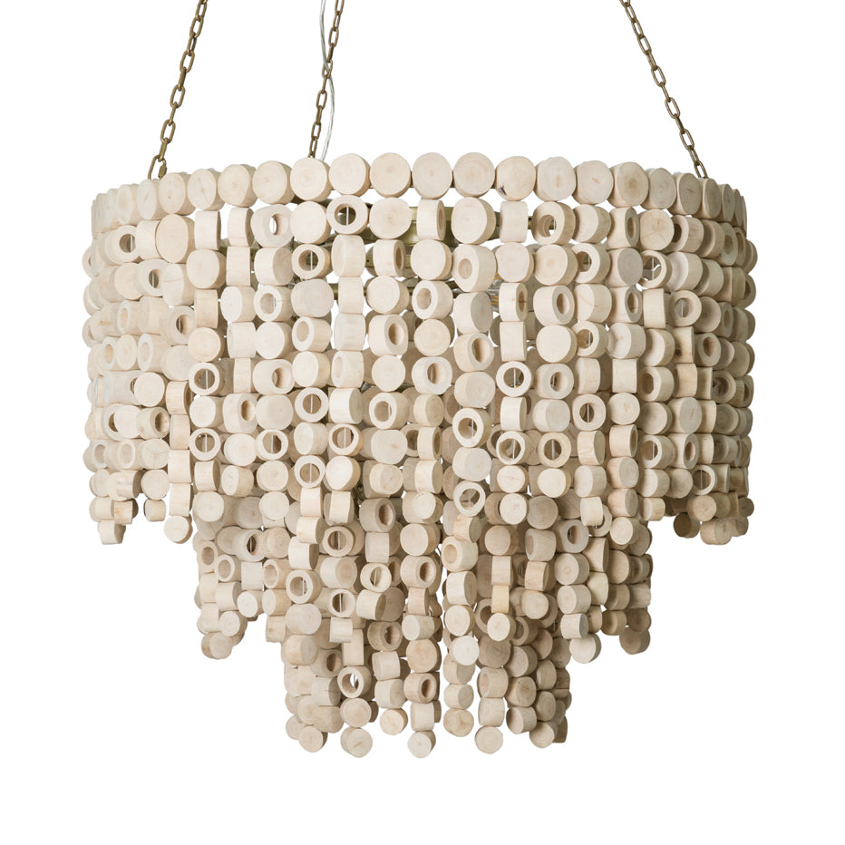 Large Round Wood Disc Chandelier in Natural Finish