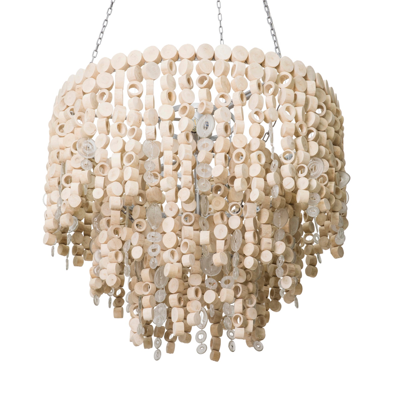 Large Round Wood Disc Chandelier in Natural Finish with Recycled Glass