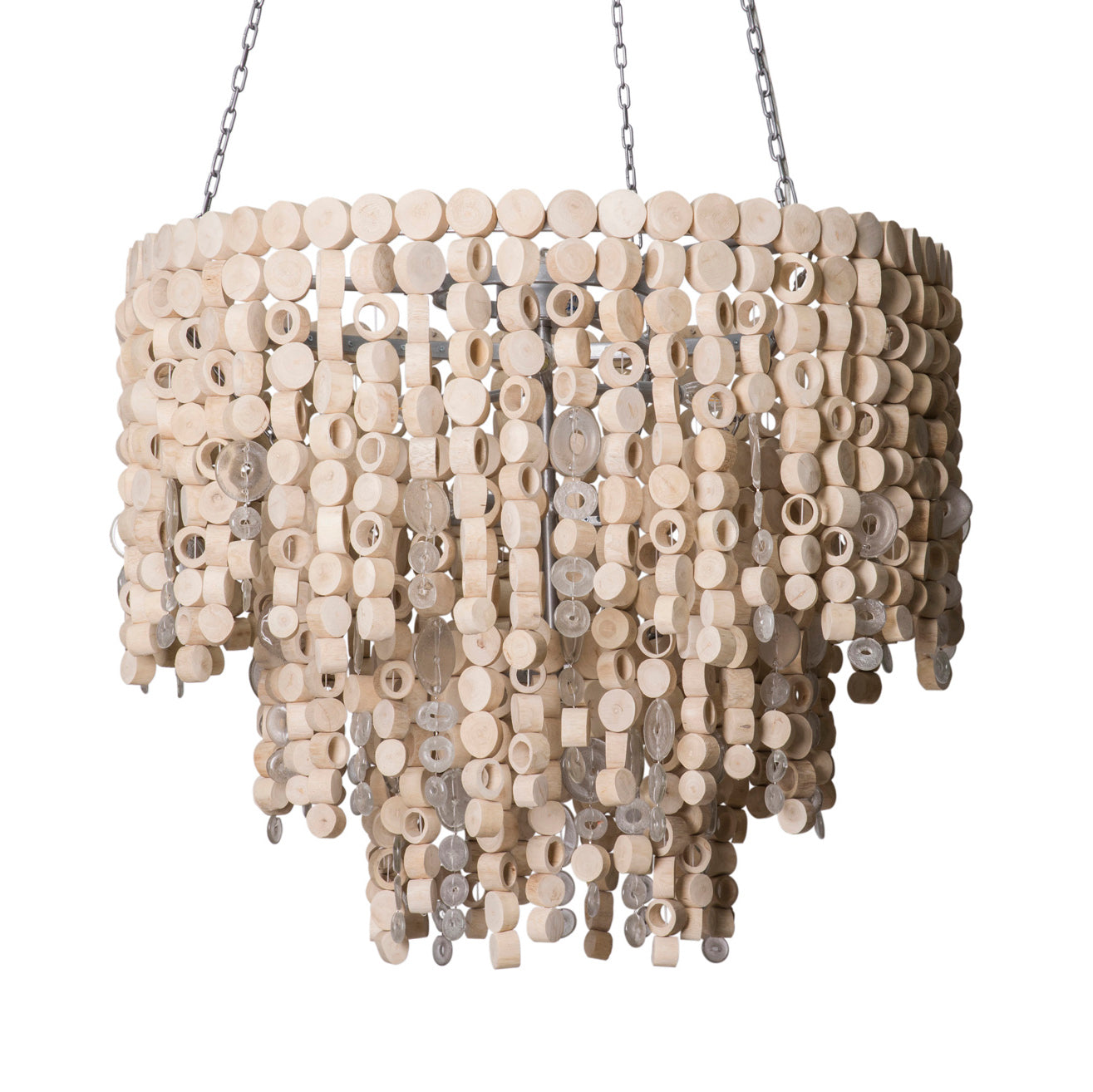 Large Round Wood Disc Chandelier in Natural Finish with Recycled Glass