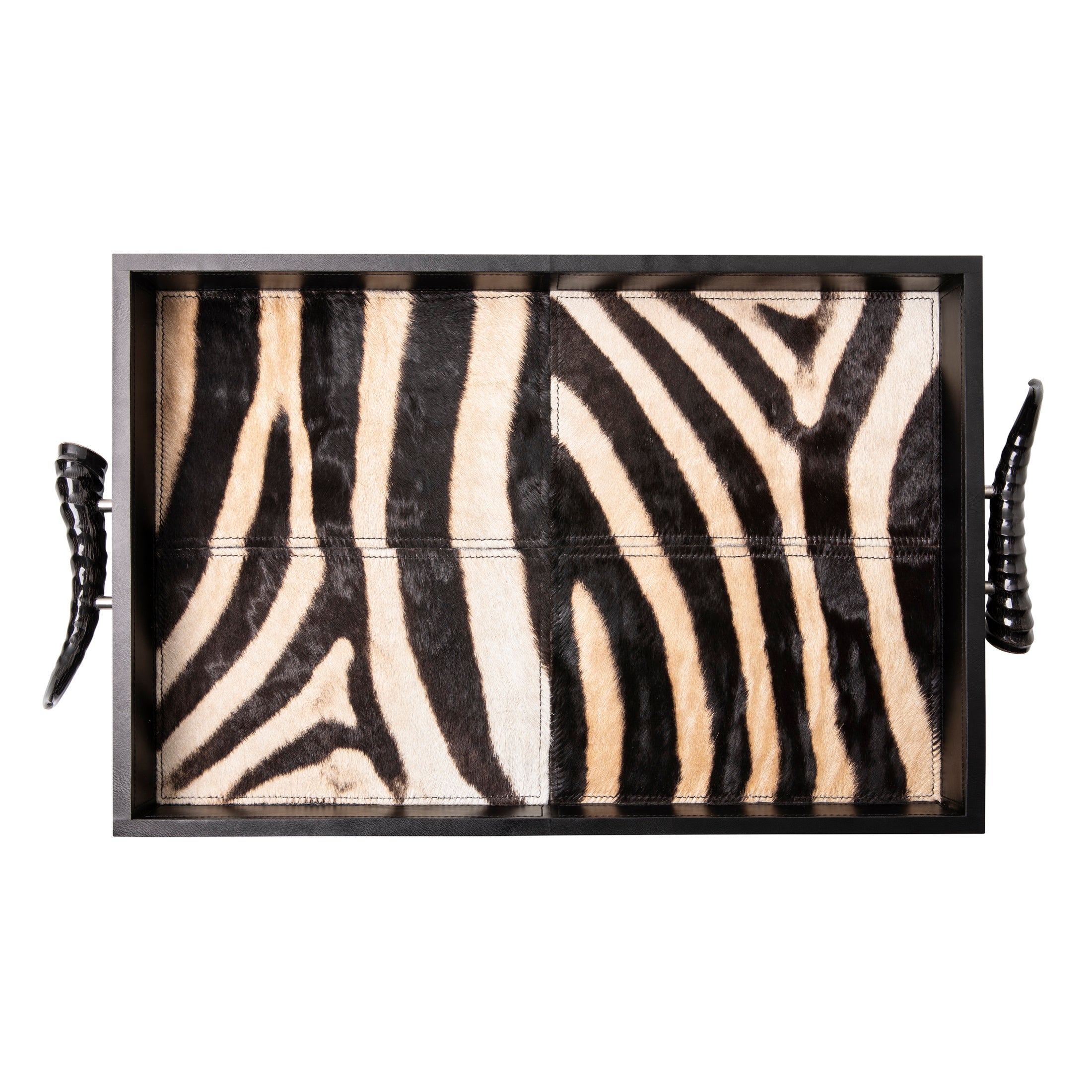 Leather Rectangle Tray w/ Zebra Inlay & Springbok Horn Handles