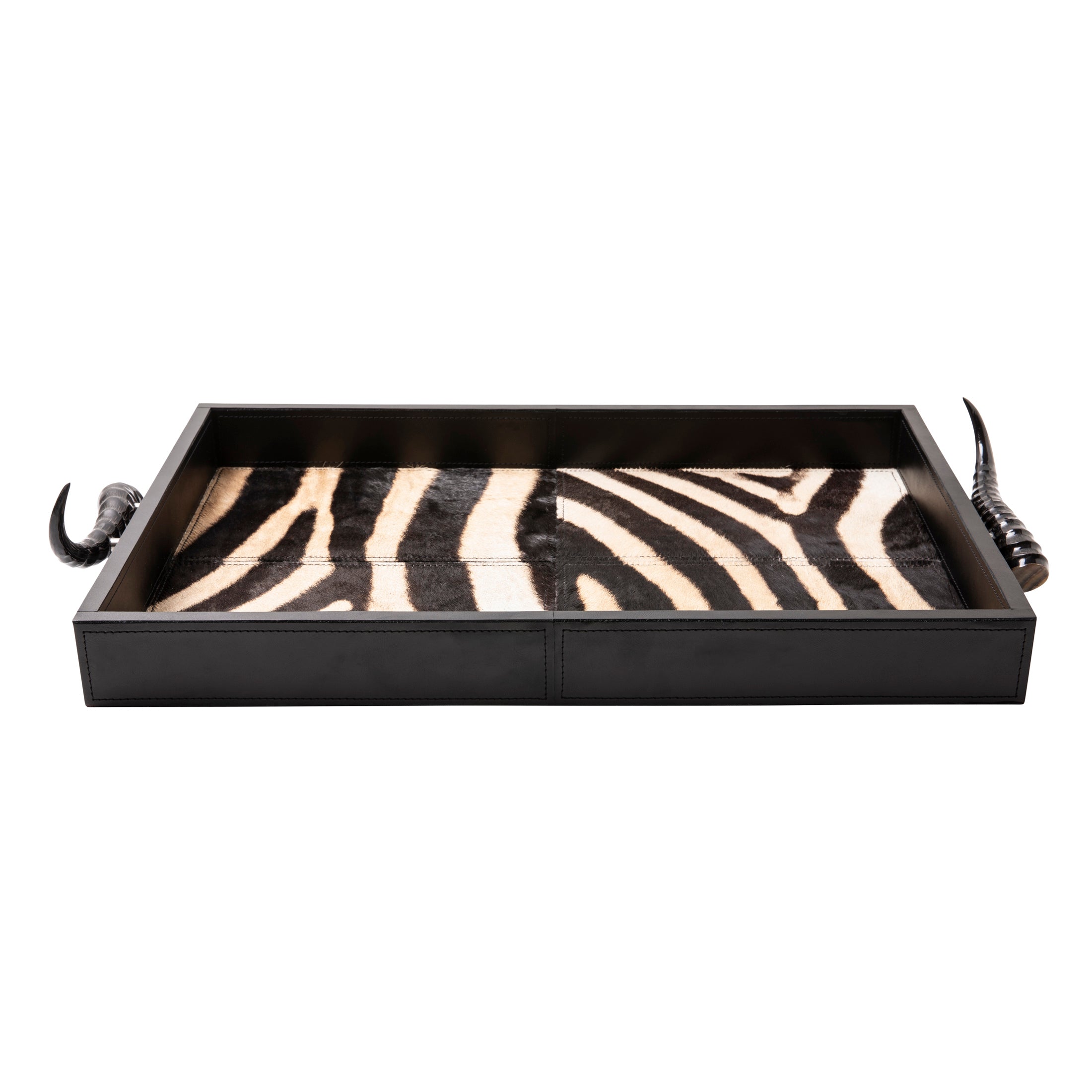 Leather Rectangle Tray w/ Zebra Inlay & Springbok Horn Handles