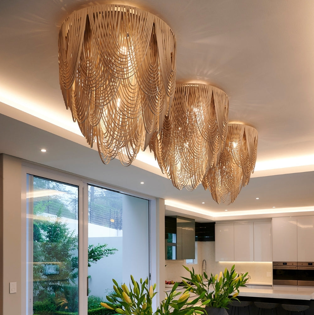 Large Round Whisper Flush Mount Leather Chandelier