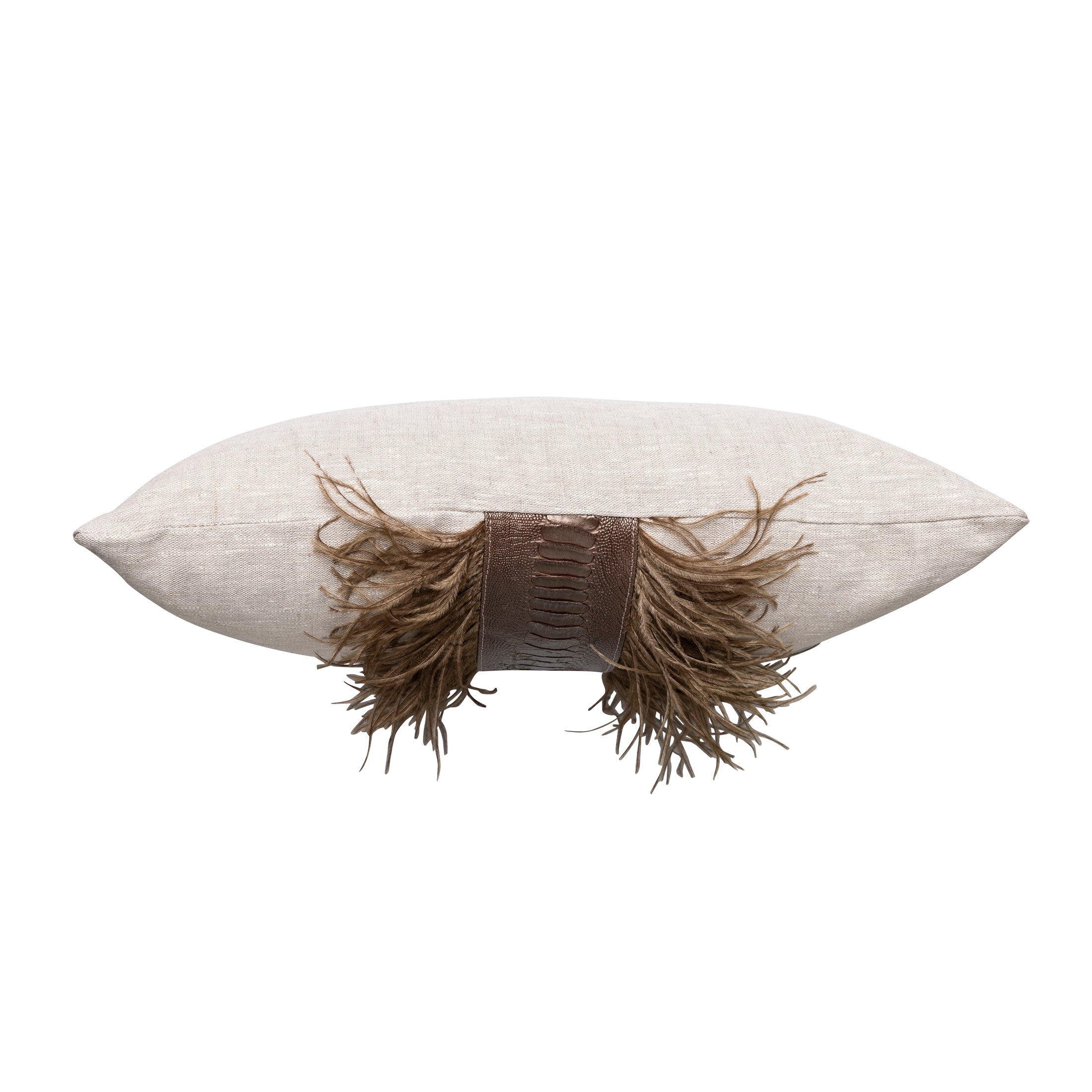 Ostrich Trim Pillow - Old Gold / Linen
