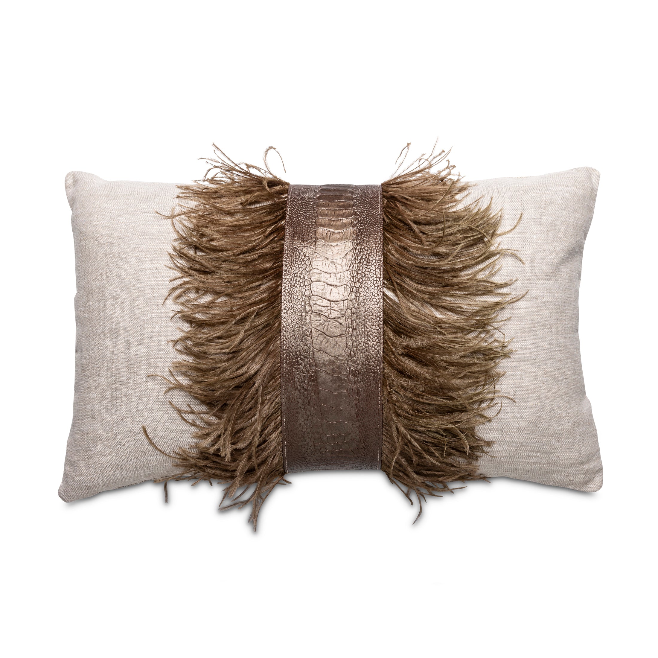 Ostrich Trim Pillow - Old Gold / Linen