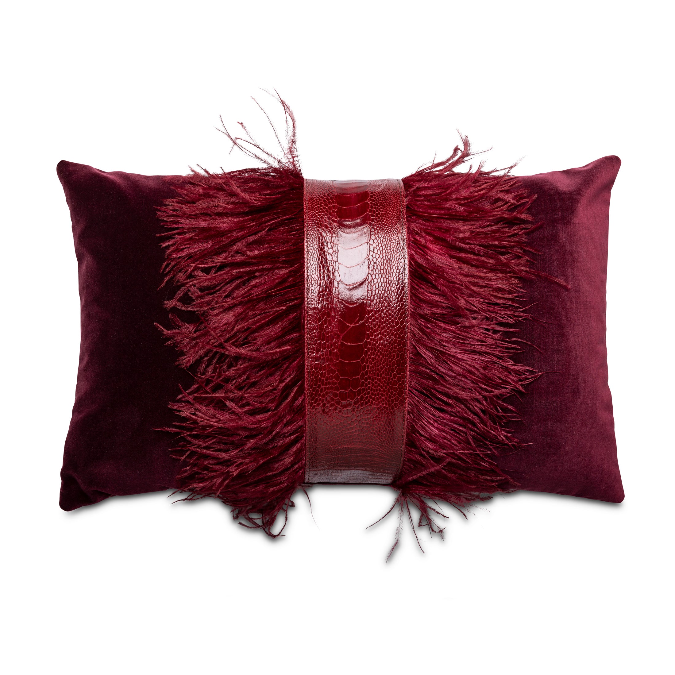 Ostrich Trim Pillow - Cabernet / Velvet