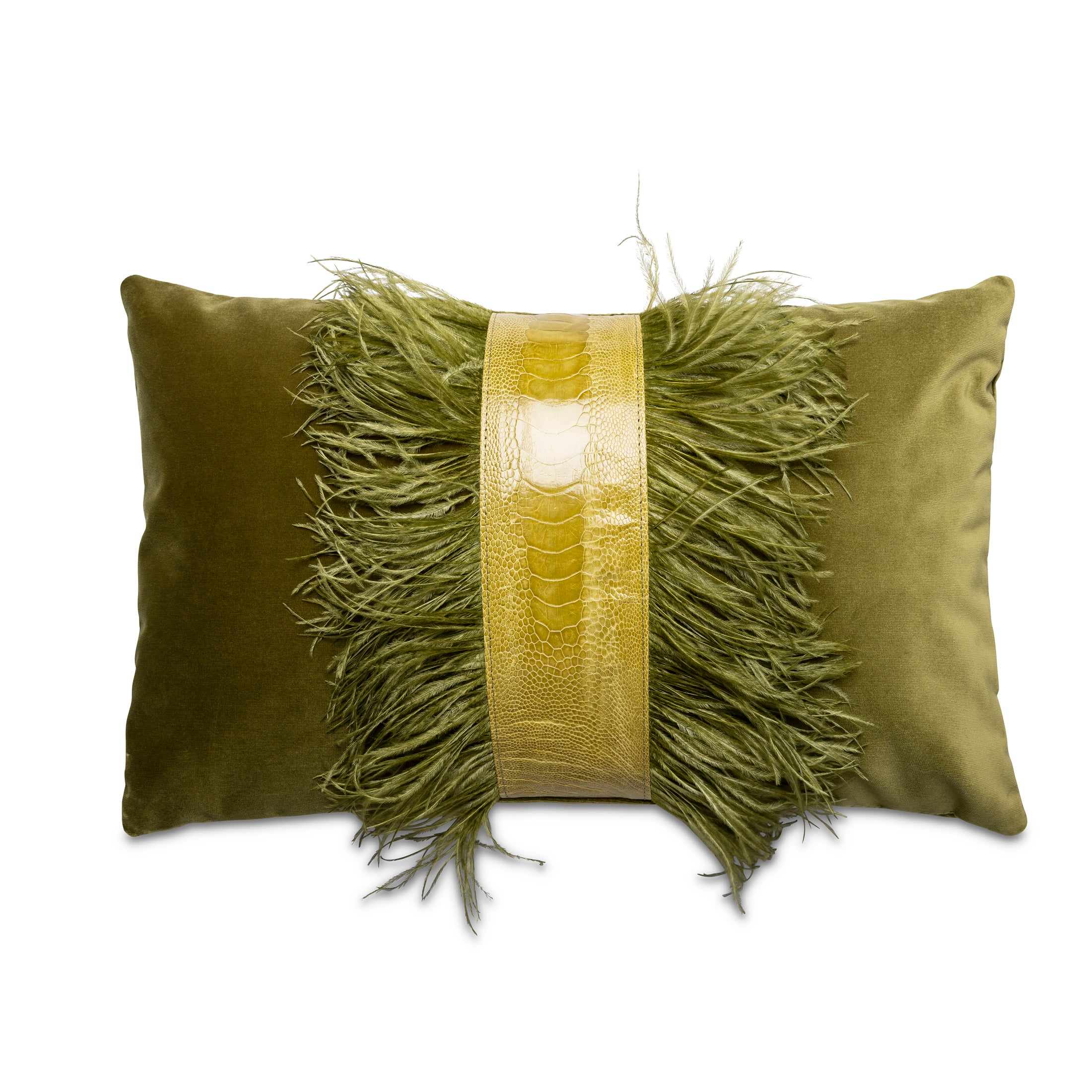 Ostrich Trim Pillow - Moss / Velvet