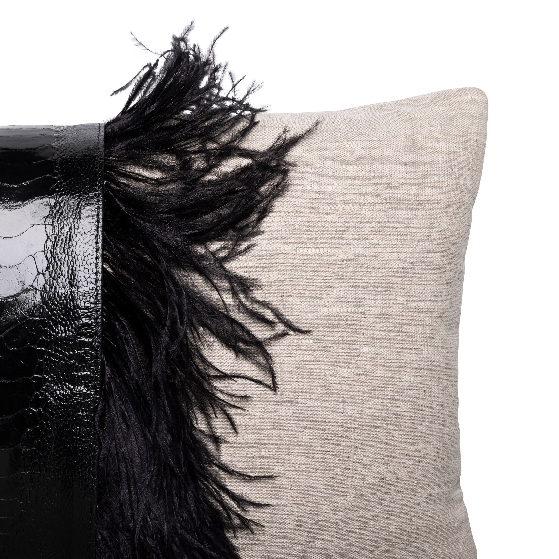 Ostrich Trim Pillow - Black / Linen