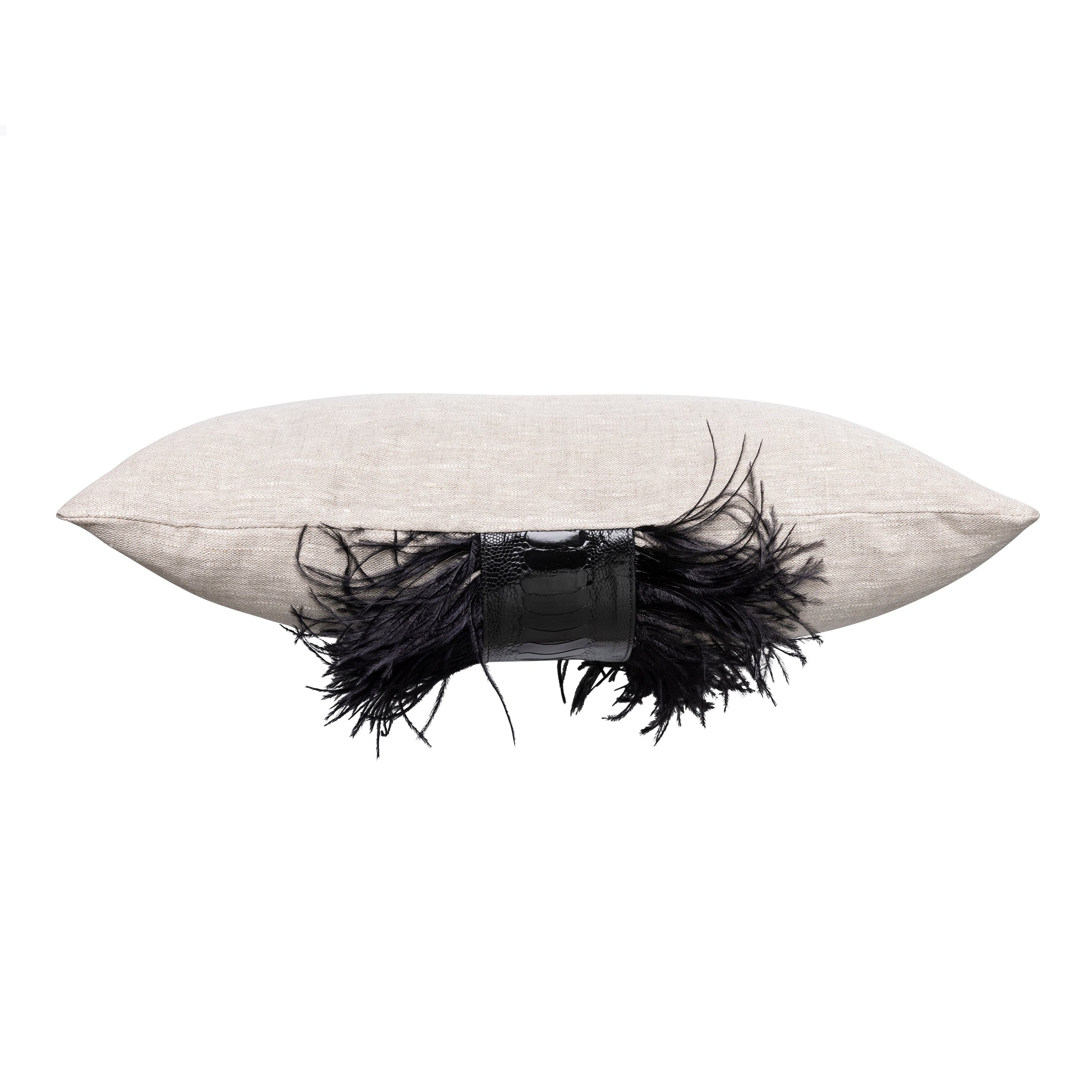 Ostrich Trim Pillow - Black / Linen