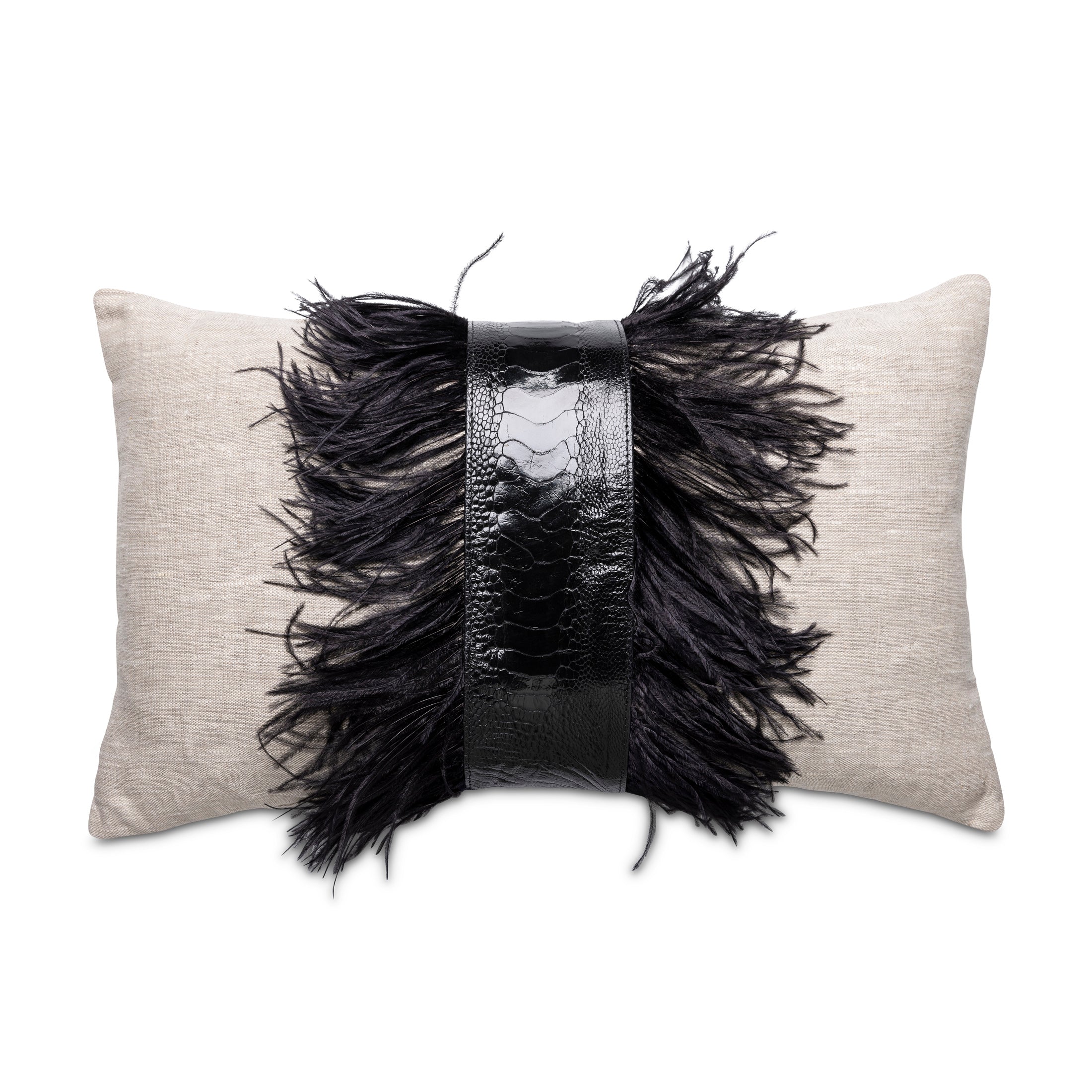 Ostrich Trim Pillow - Black / Linen