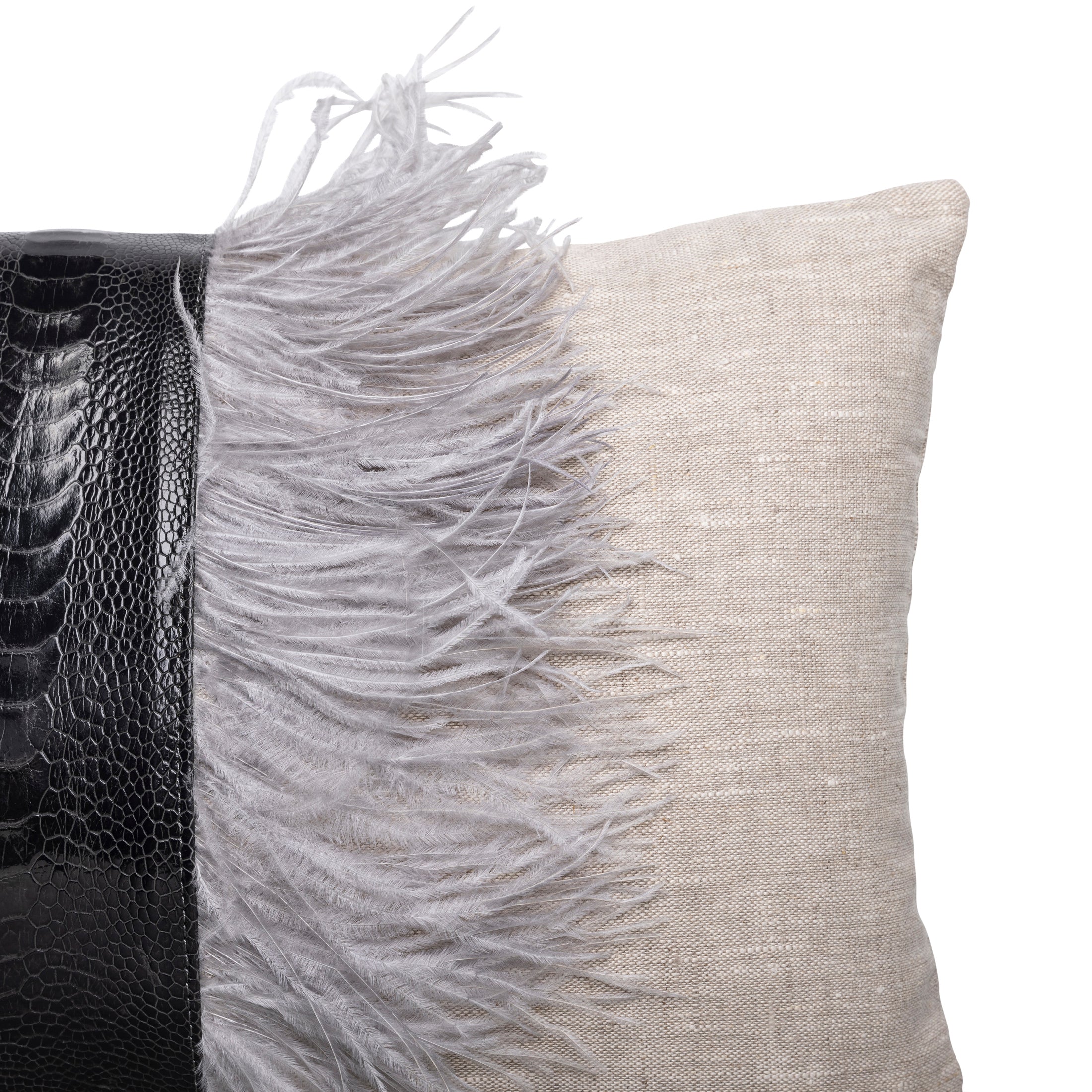 Ostrich Trim Pillow - Grey / Linen