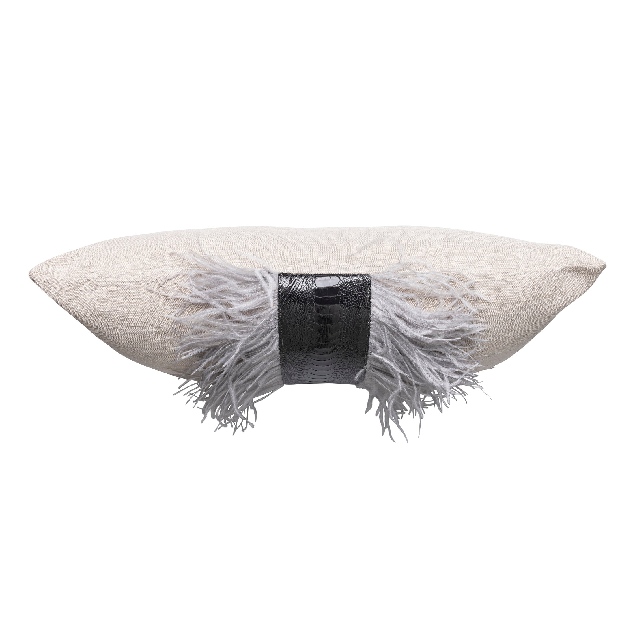 Ostrich Trim Pillow - Grey / Linen