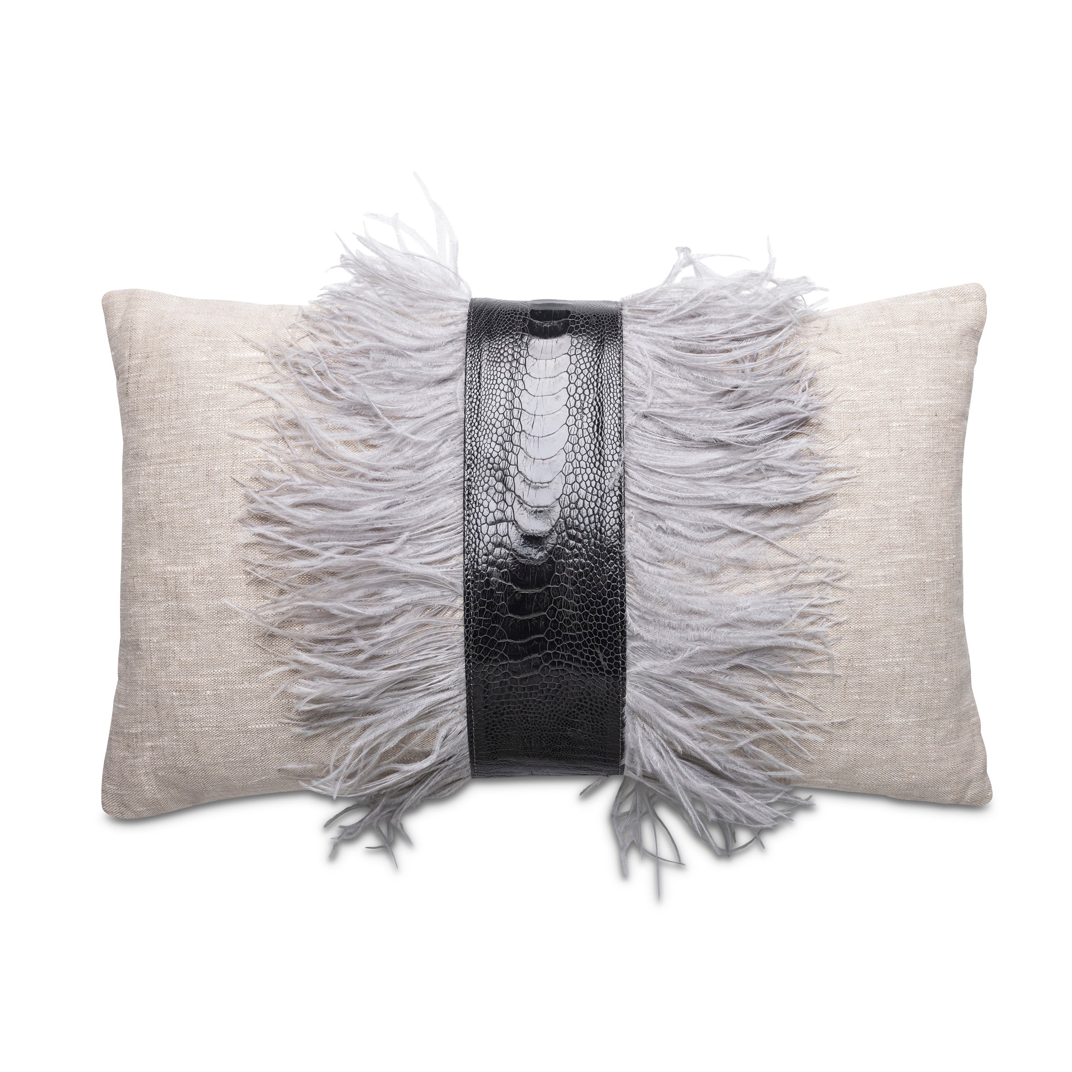 Ostrich Trim Pillow - Grey / Linen