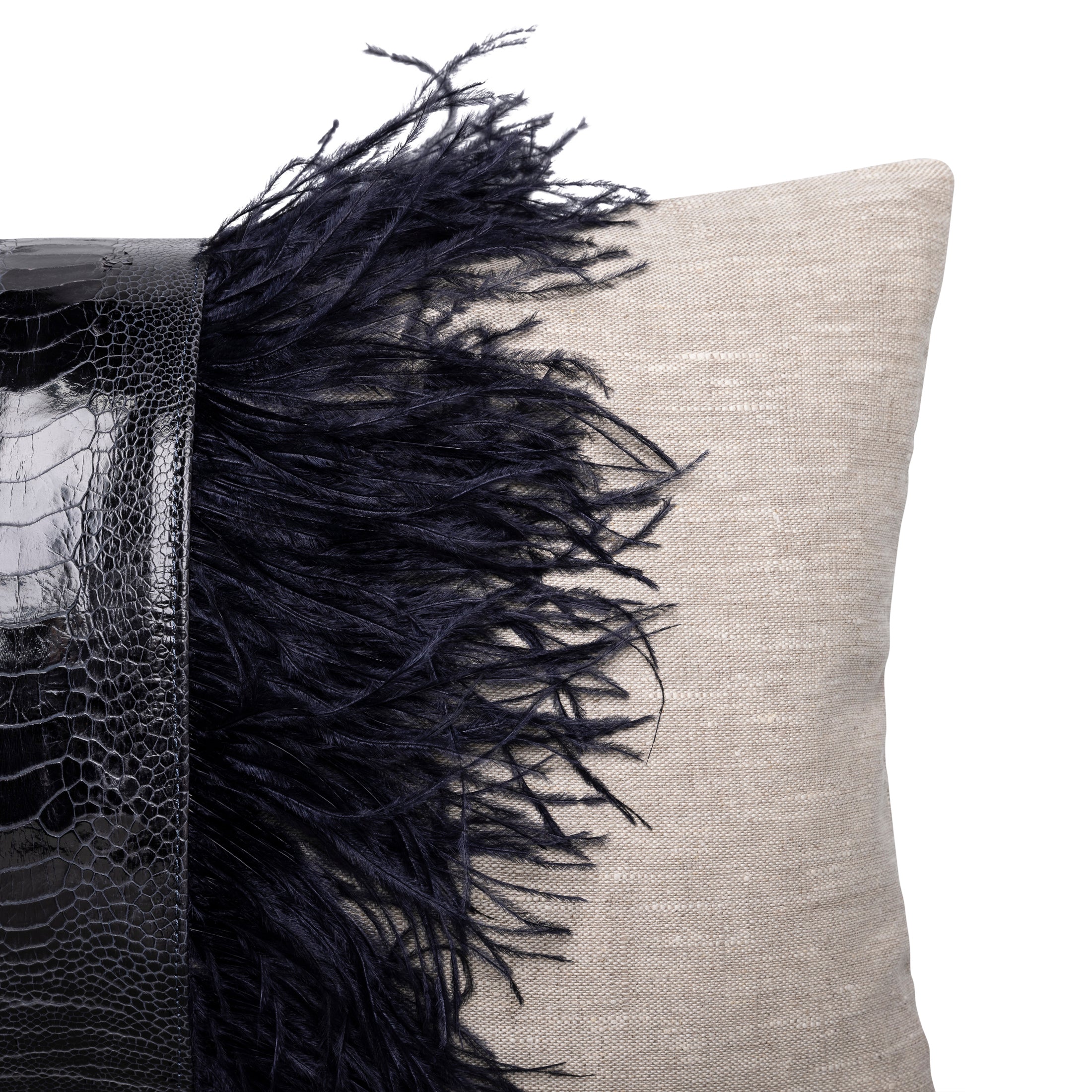 Ostrich Trim Pillow - Navy / Linen