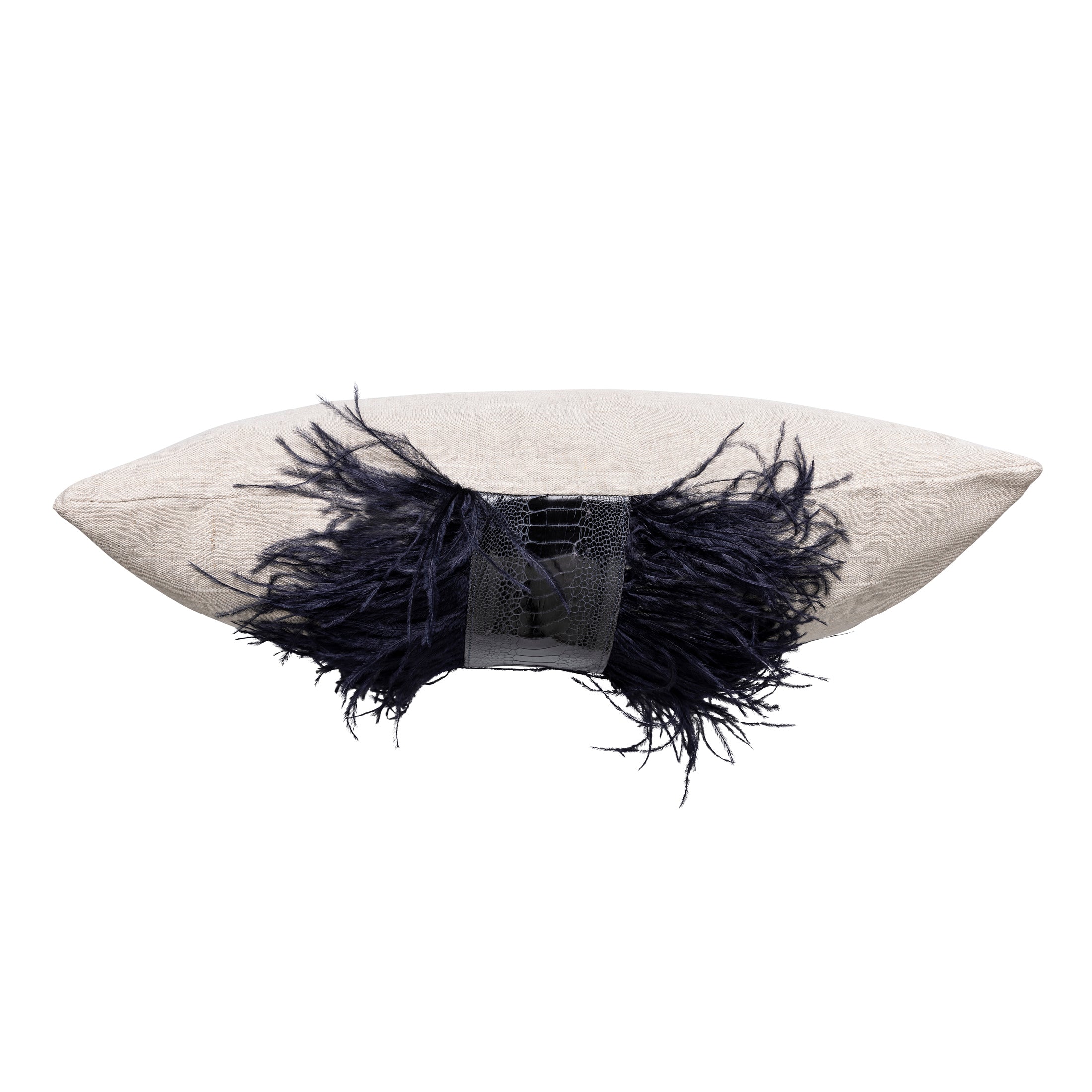 Ostrich Trim Pillow - Navy / Linen