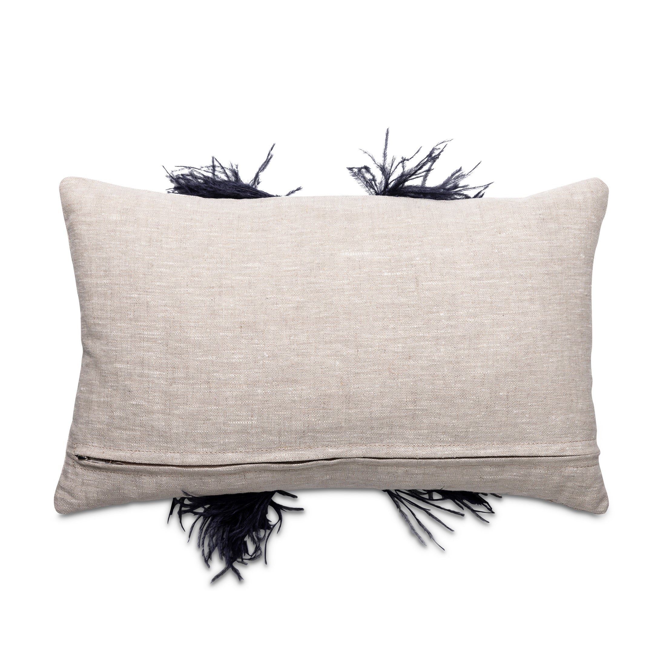 Ostrich Trim Pillow - Navy / Linen