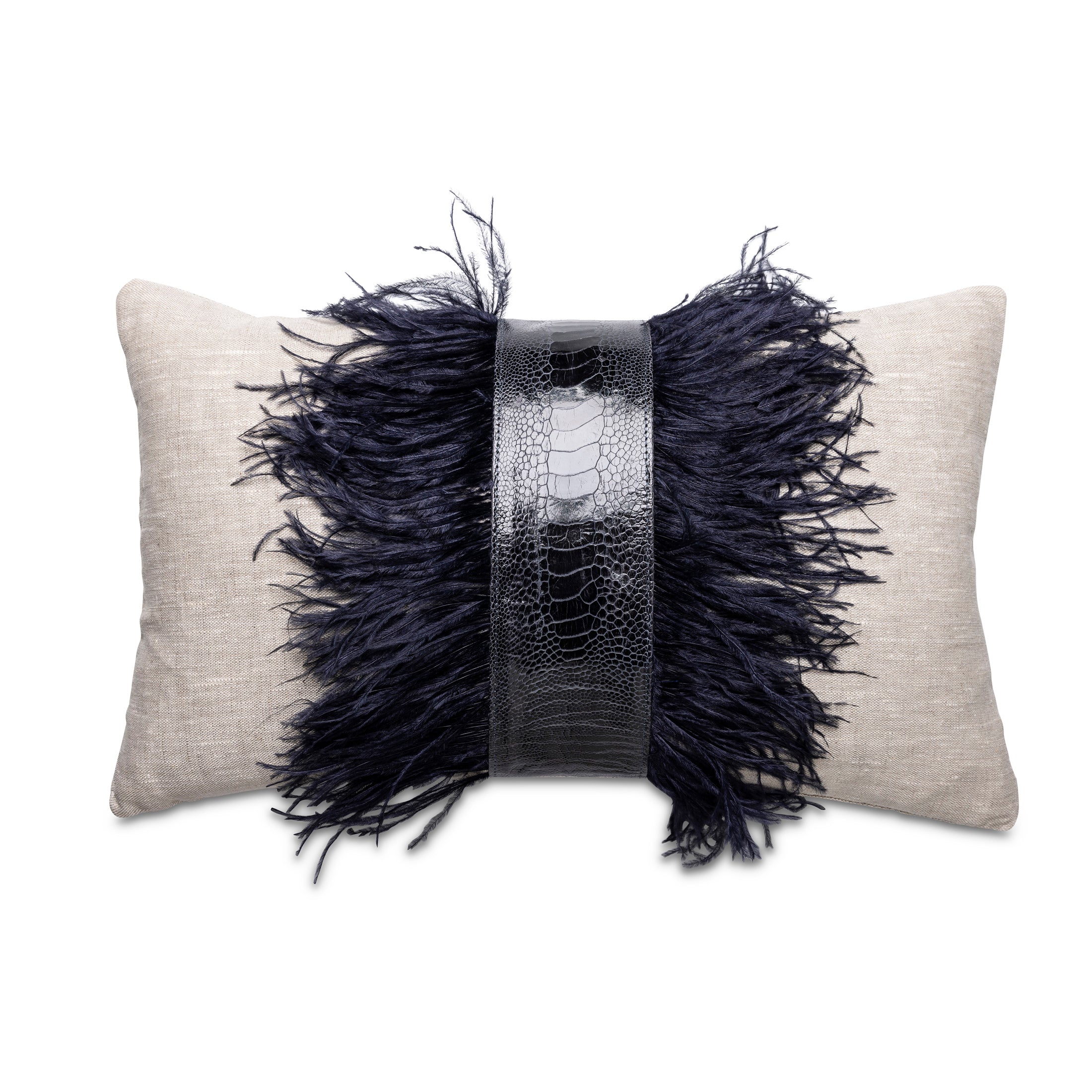 Ostrich Trim Pillow - Navy / Linen