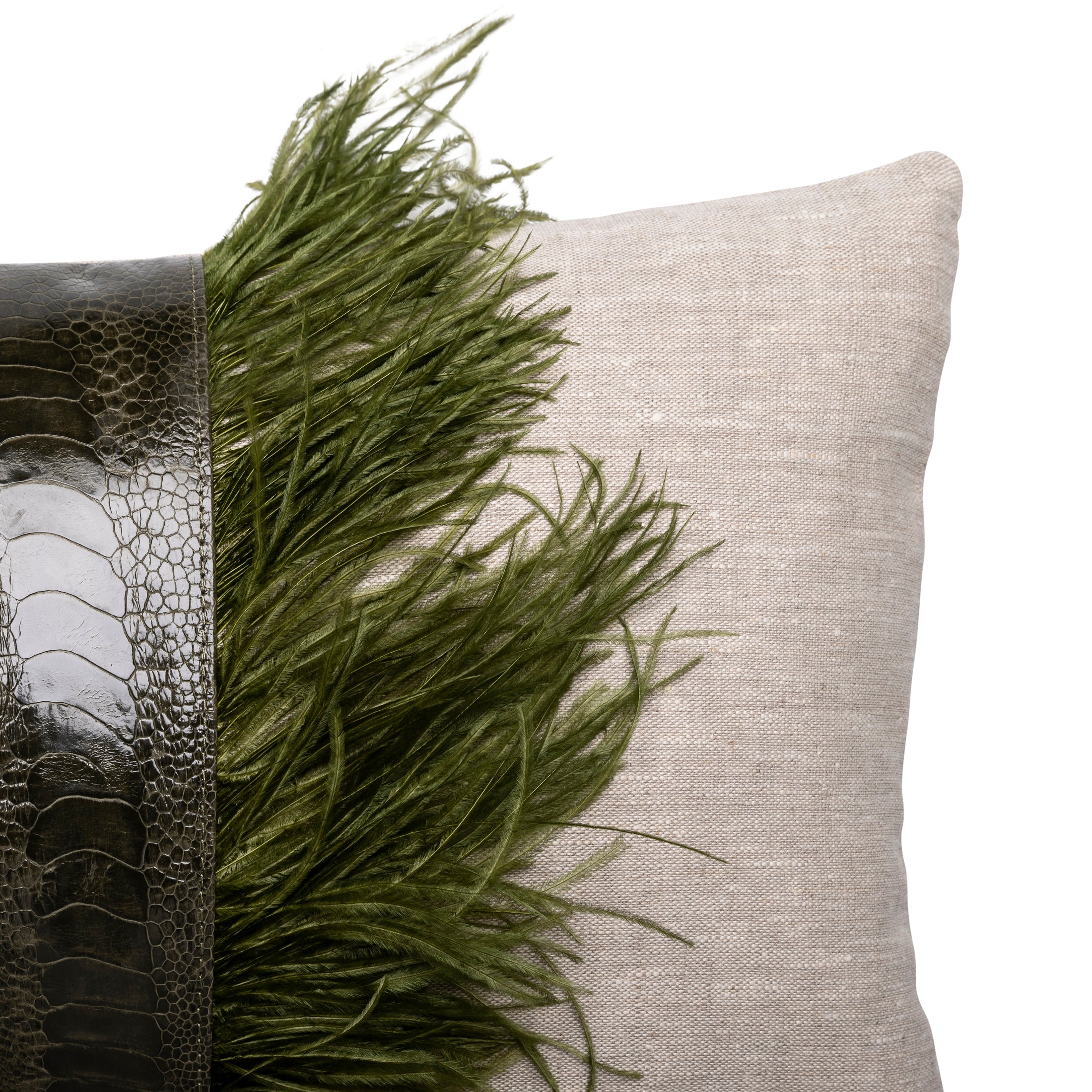 Ostrich Trim Pillow - Olive / Linen