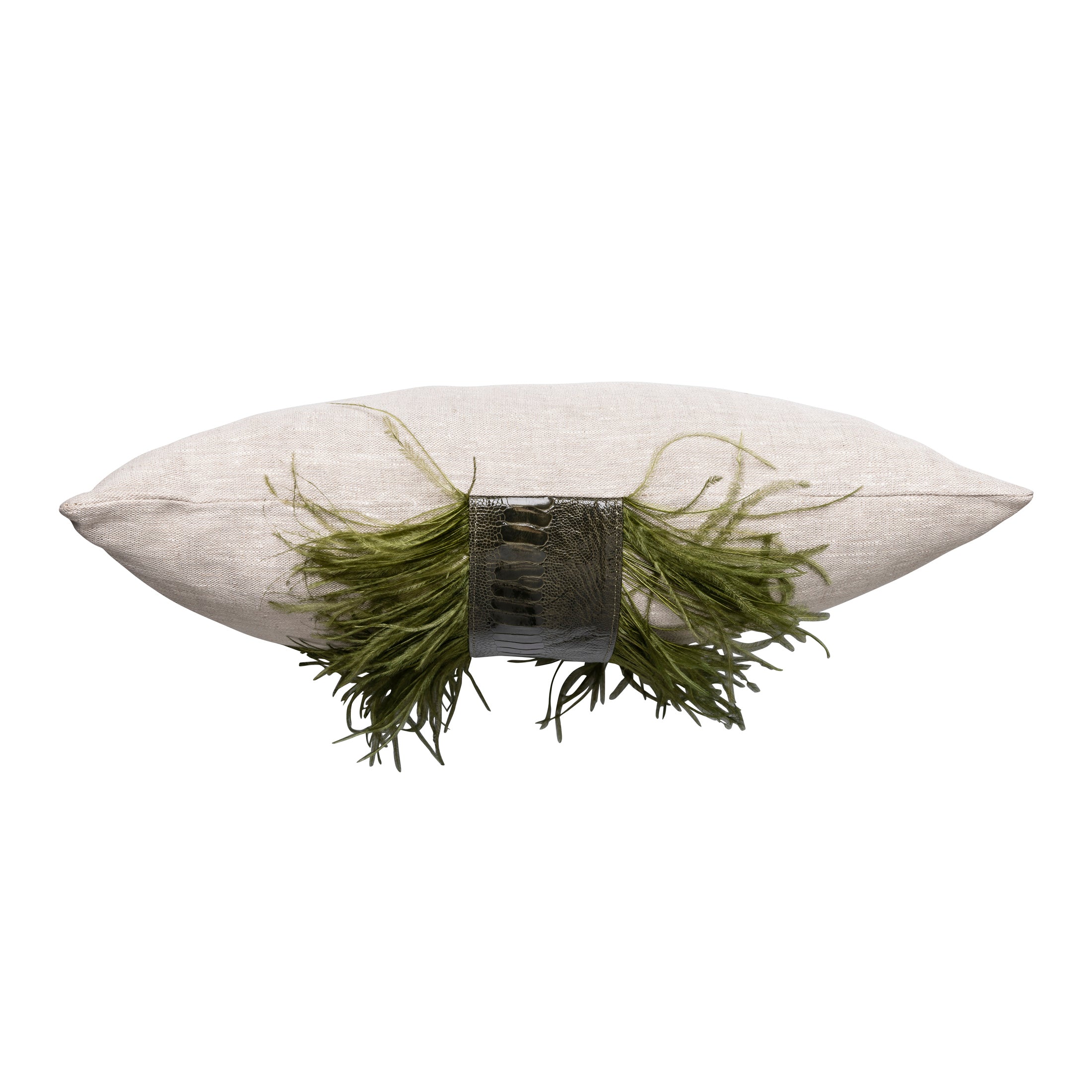 Ostrich Trim Pillow - Olive / Linen