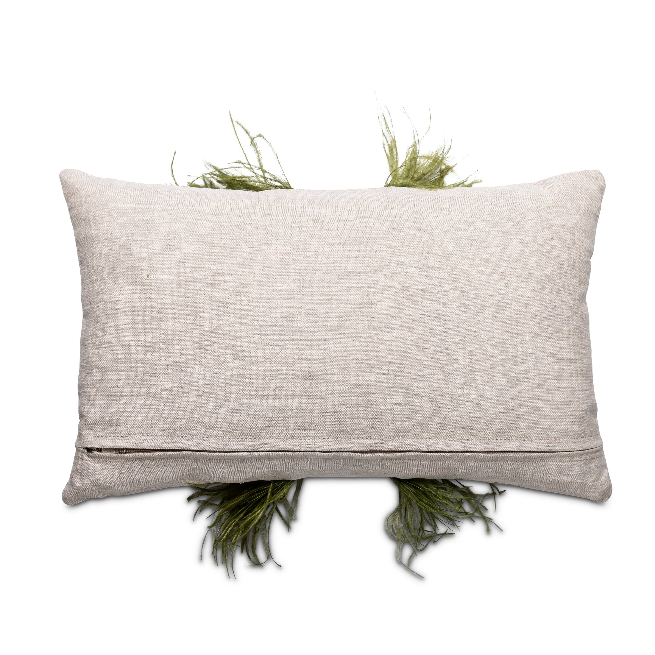Ostrich Trim Pillow - Olive / Linen