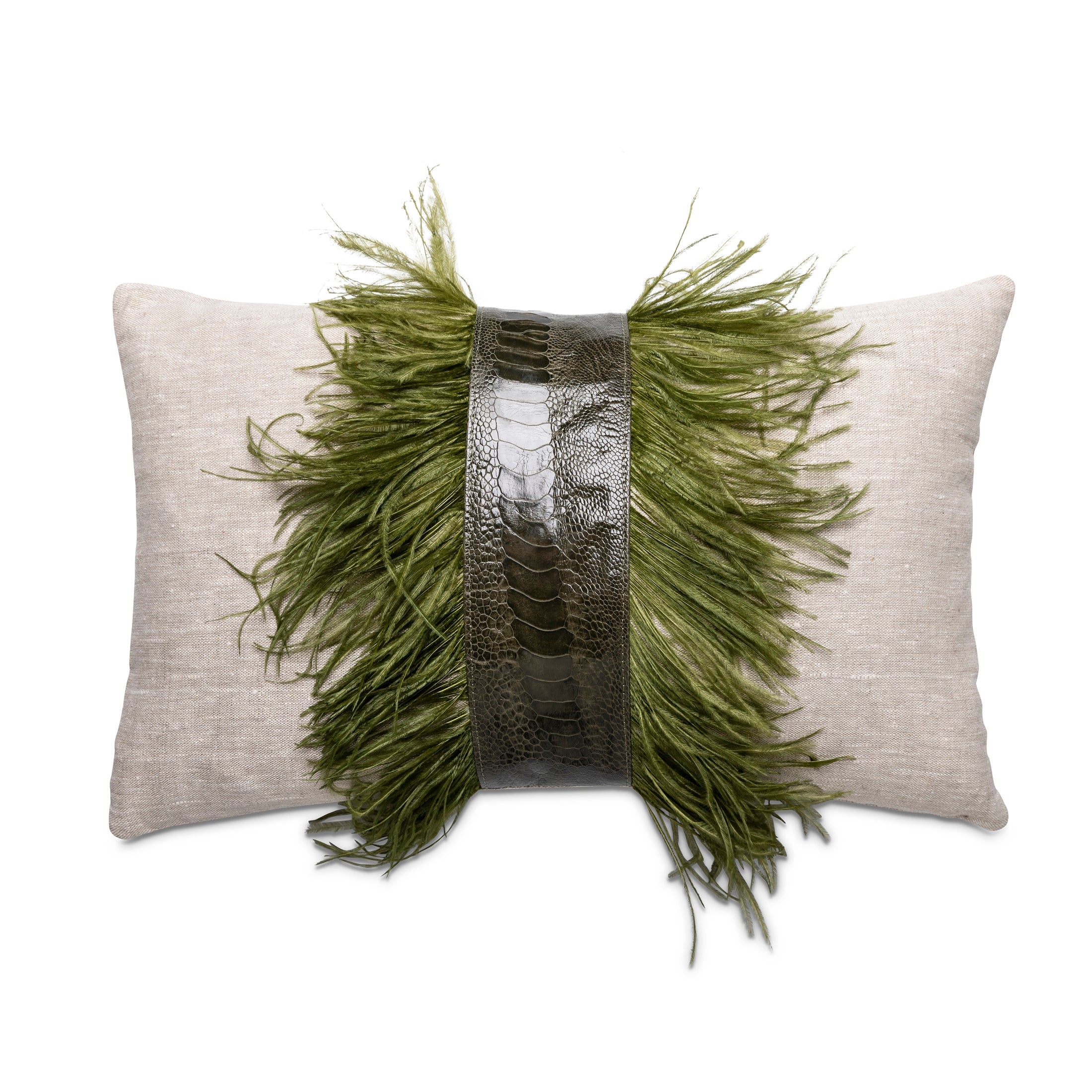 Ostrich Trim Pillow - Olive / Linen
