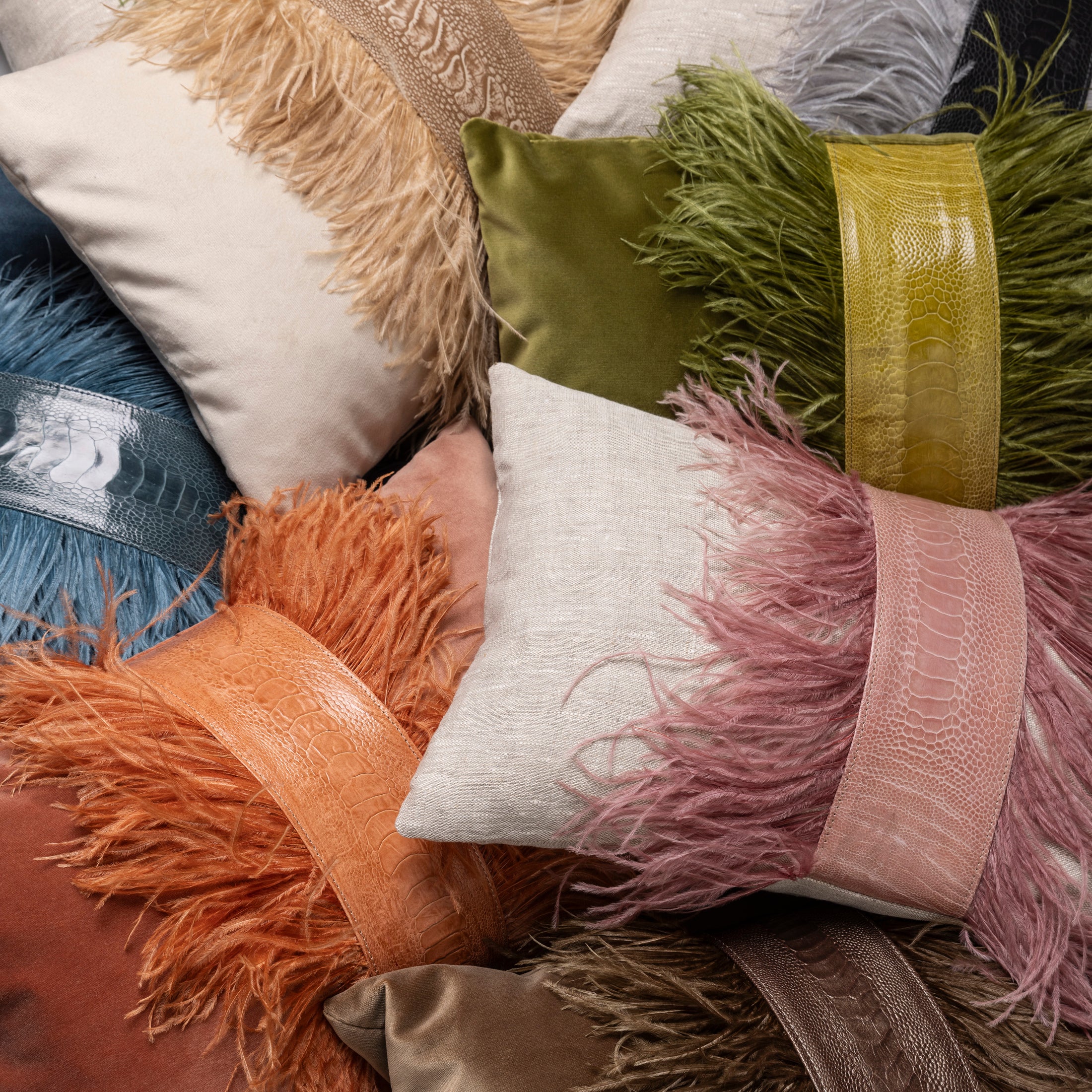 Ostrich Trim Pillow - Blush / Linen