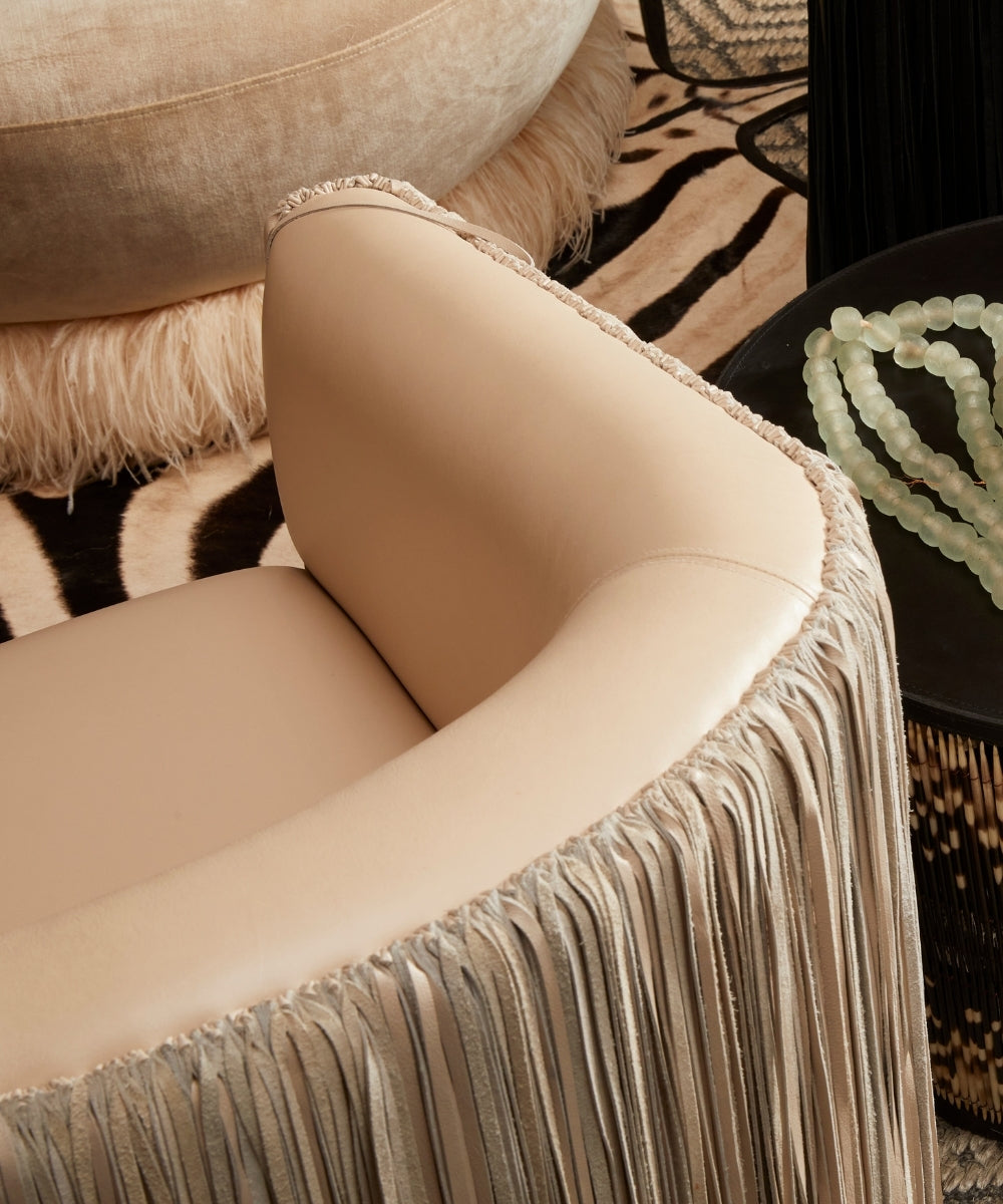 Shaggy Leather Swivel Chair in Cream-Stone Leather