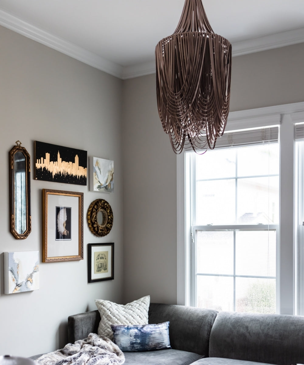 Small Round Whisper with Crown Leather Chandelier in Metallic Leather
