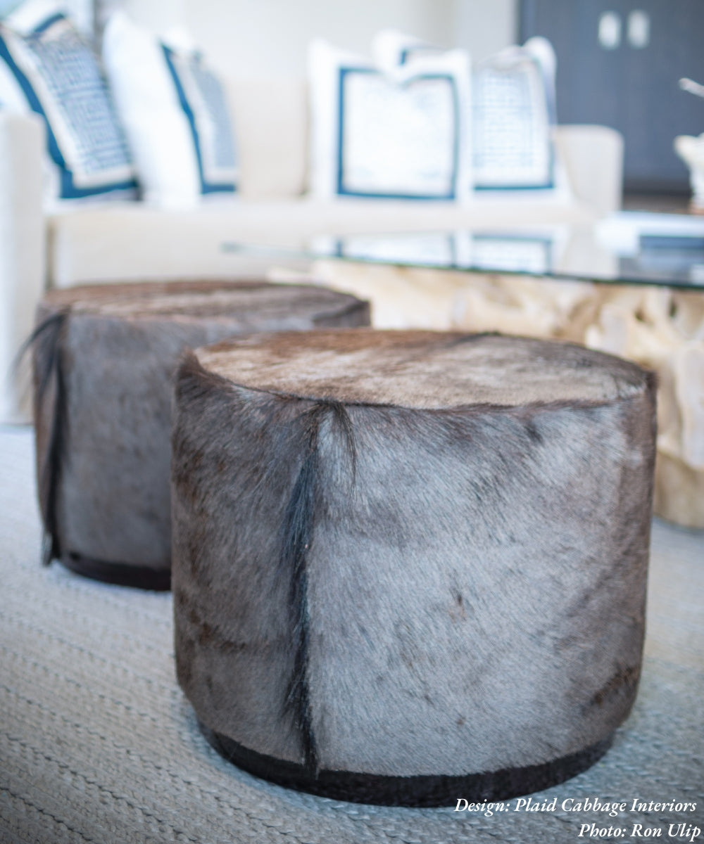Round Wildebeest Hide Ottoman