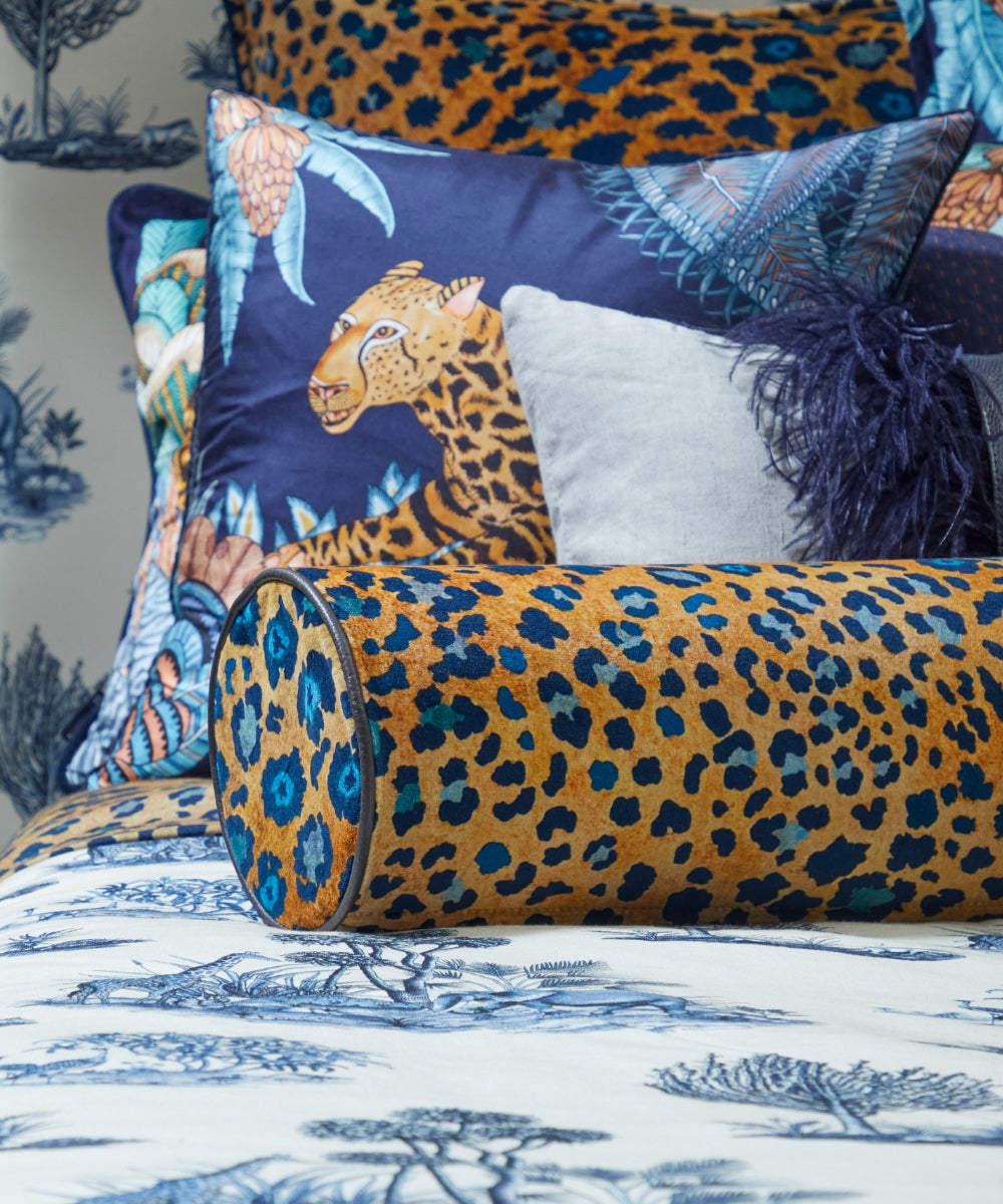 Safari Spot Velvet Bolster Pillow - Midnight
