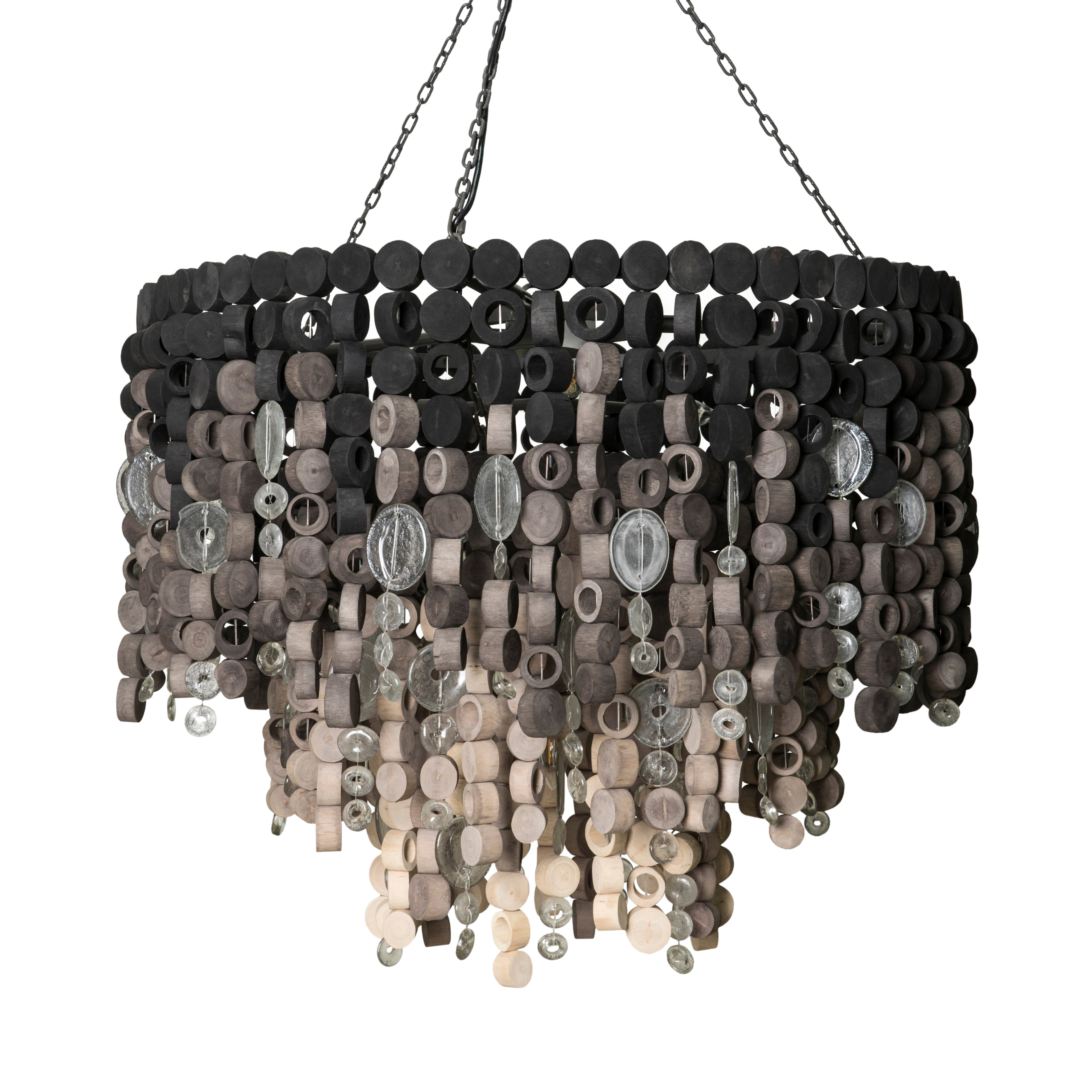 Large Round Wood Disc Chandelier in Ombre Finish with Recycled Glass