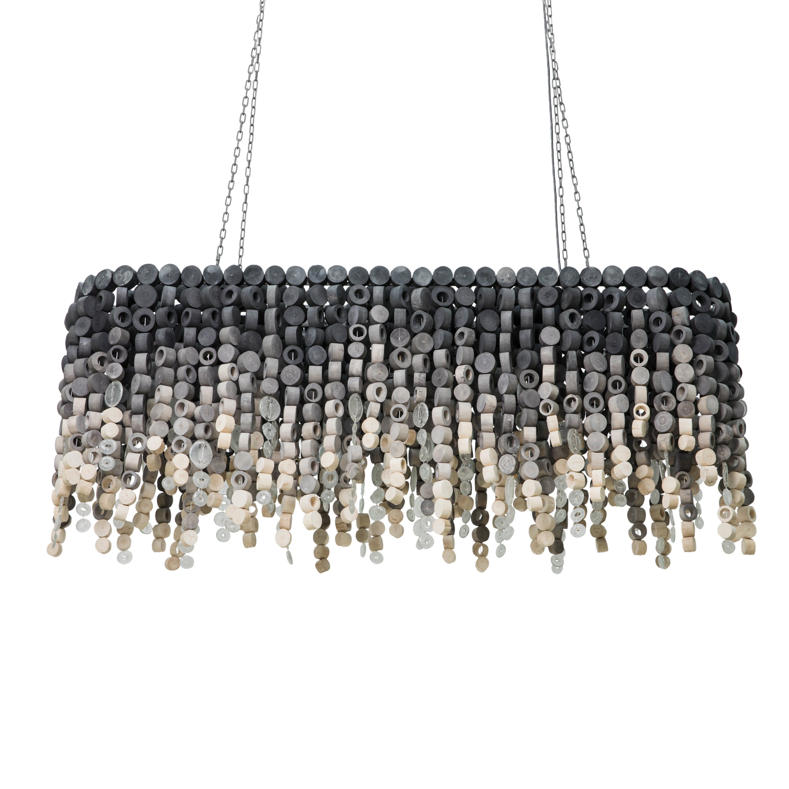 Large Oval Wood Disc Chandelier in Ombre Finish with Recycled Glass