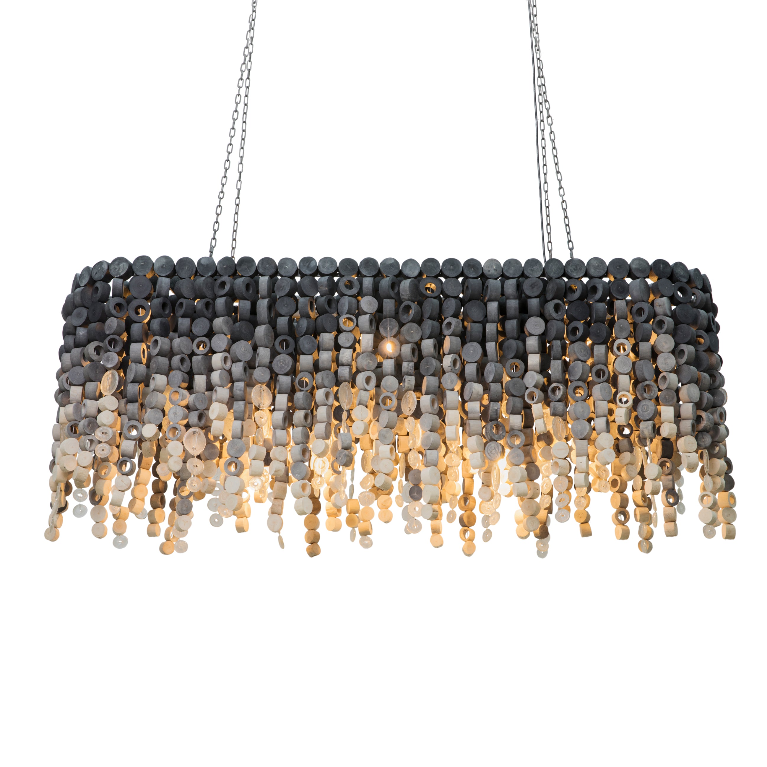 Large Oval Wood Disc Chandelier in Ombre Finish with Recycled Glass