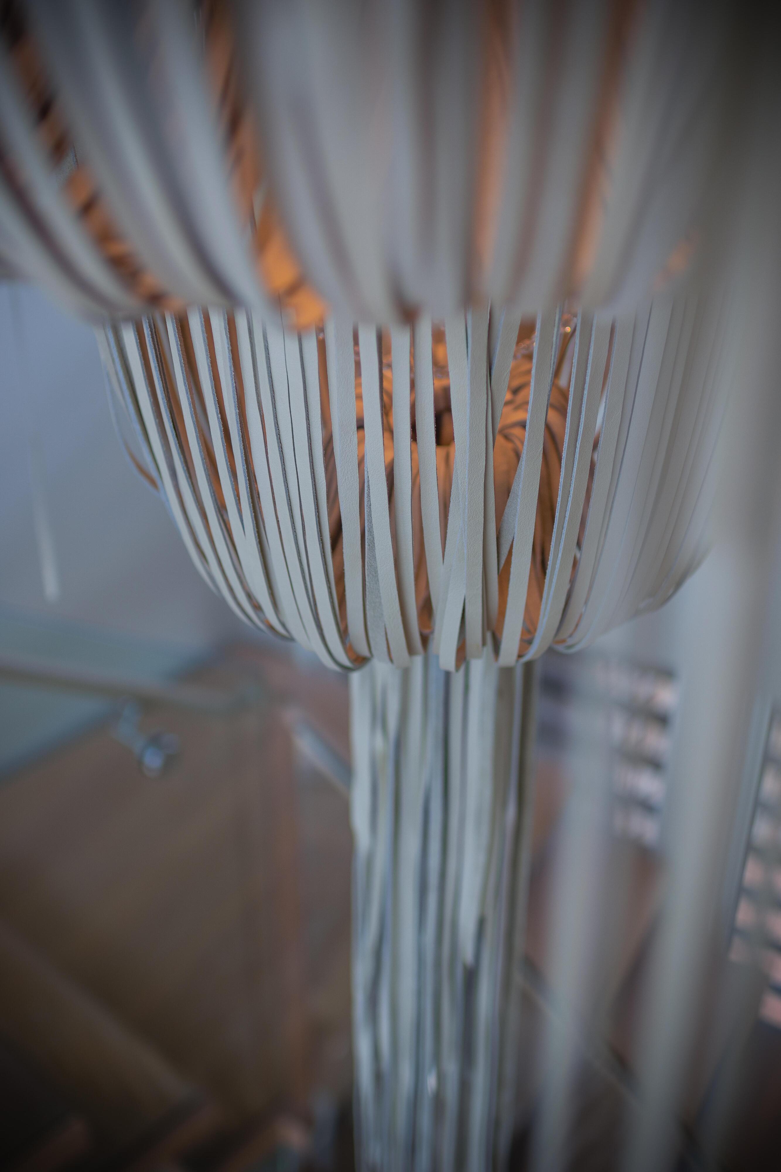 Large Round Double-Ball Urchin Leather Chandelier in Cream-Stone Leather