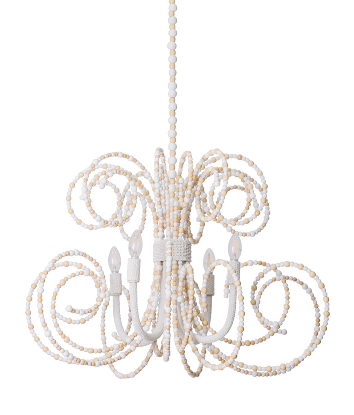 Twirly Wood Beaded Chandelier in Natural & White