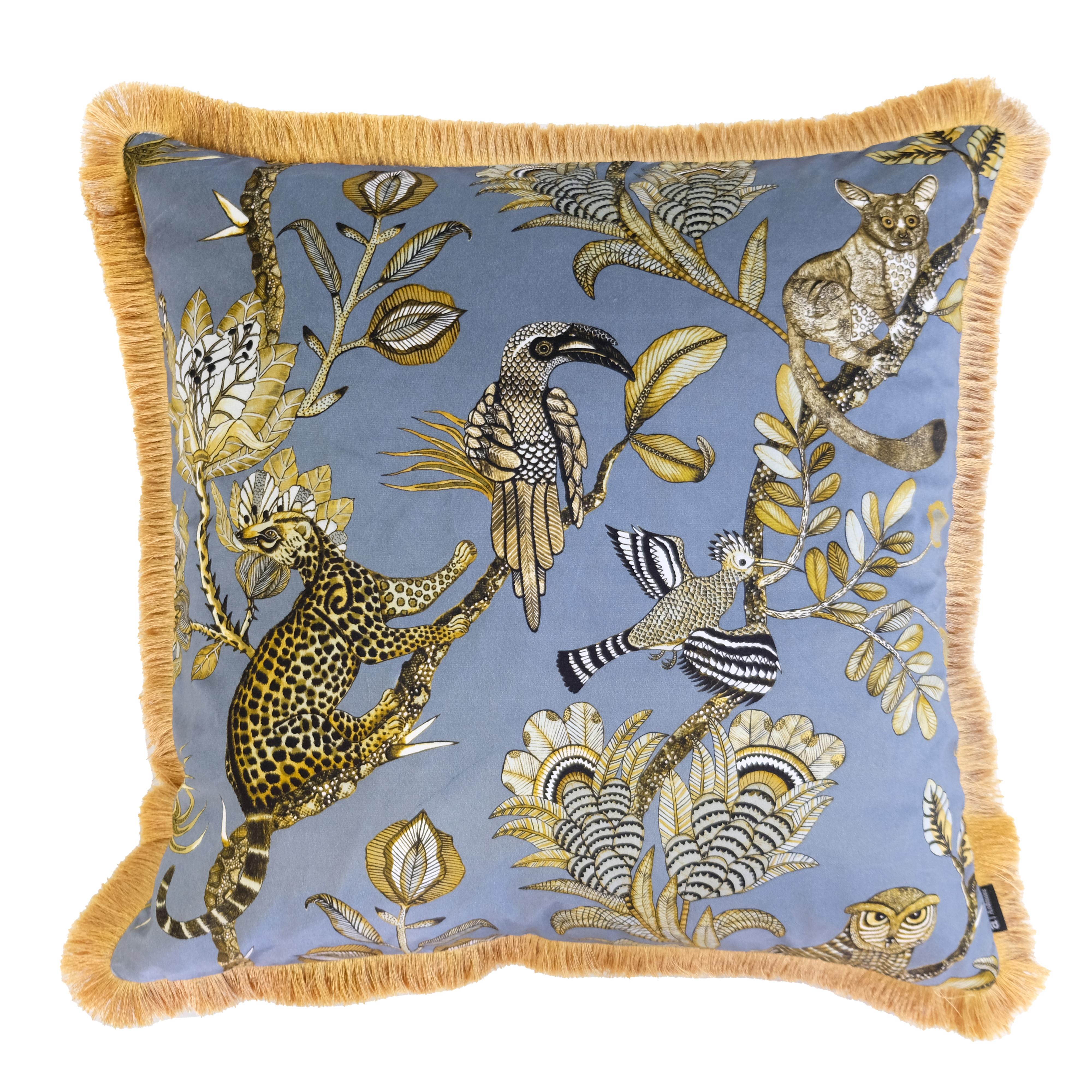 Camp Critters Pillow - Velvet w/ Fringe - Ash