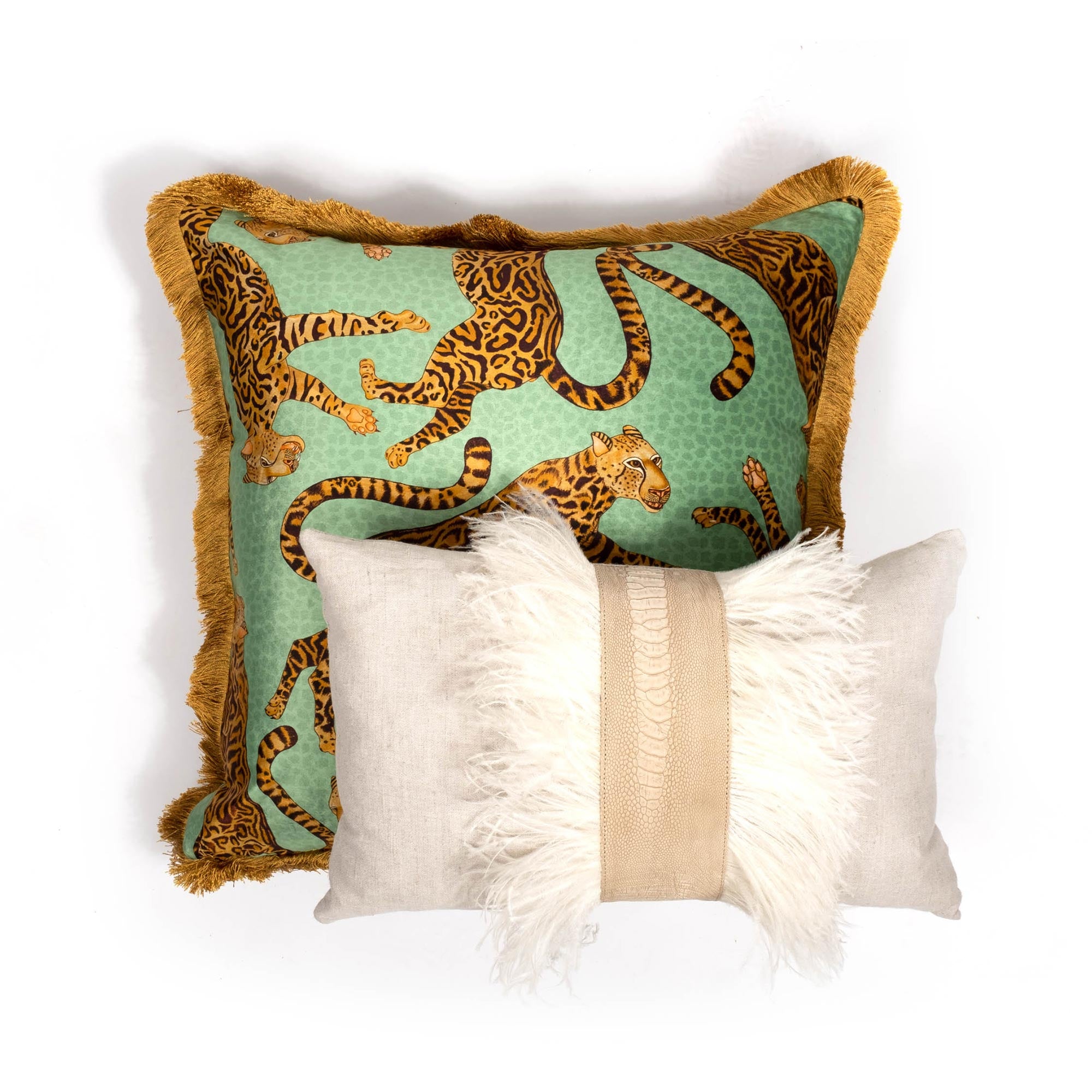 Cheetah Kings Pillow - Velvet w/ Fringe - Jade