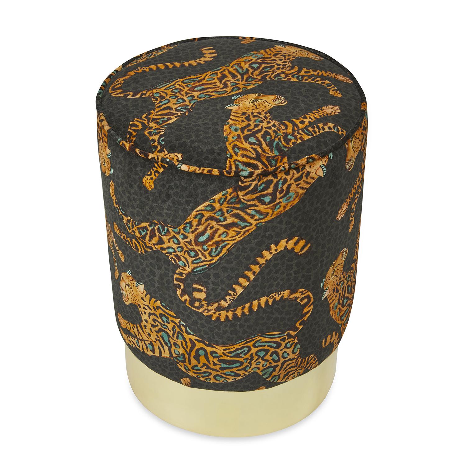 Cheetah Kings Velvet Pouf on Gold Base - Amber