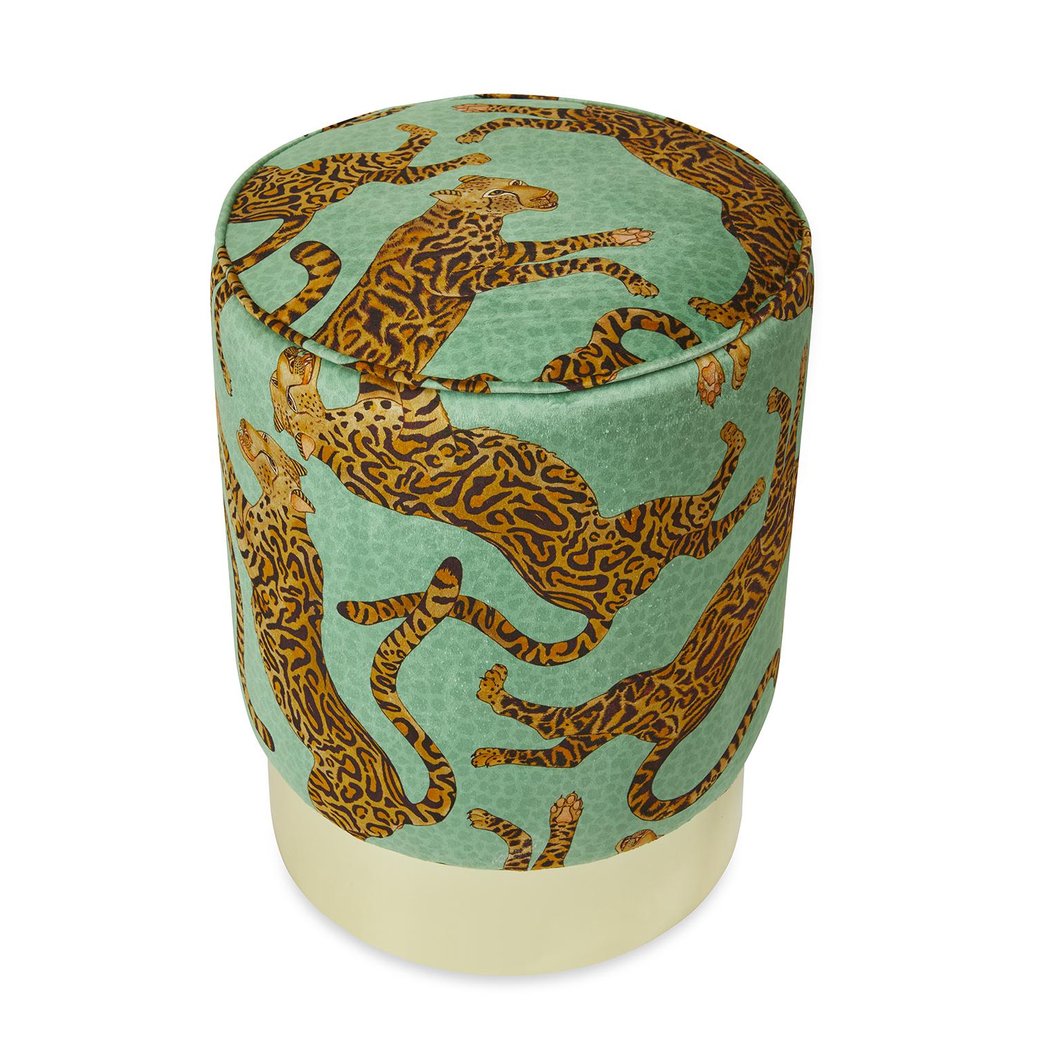 Cheetah Kings Velvet Pouf on Gold Base - Jade