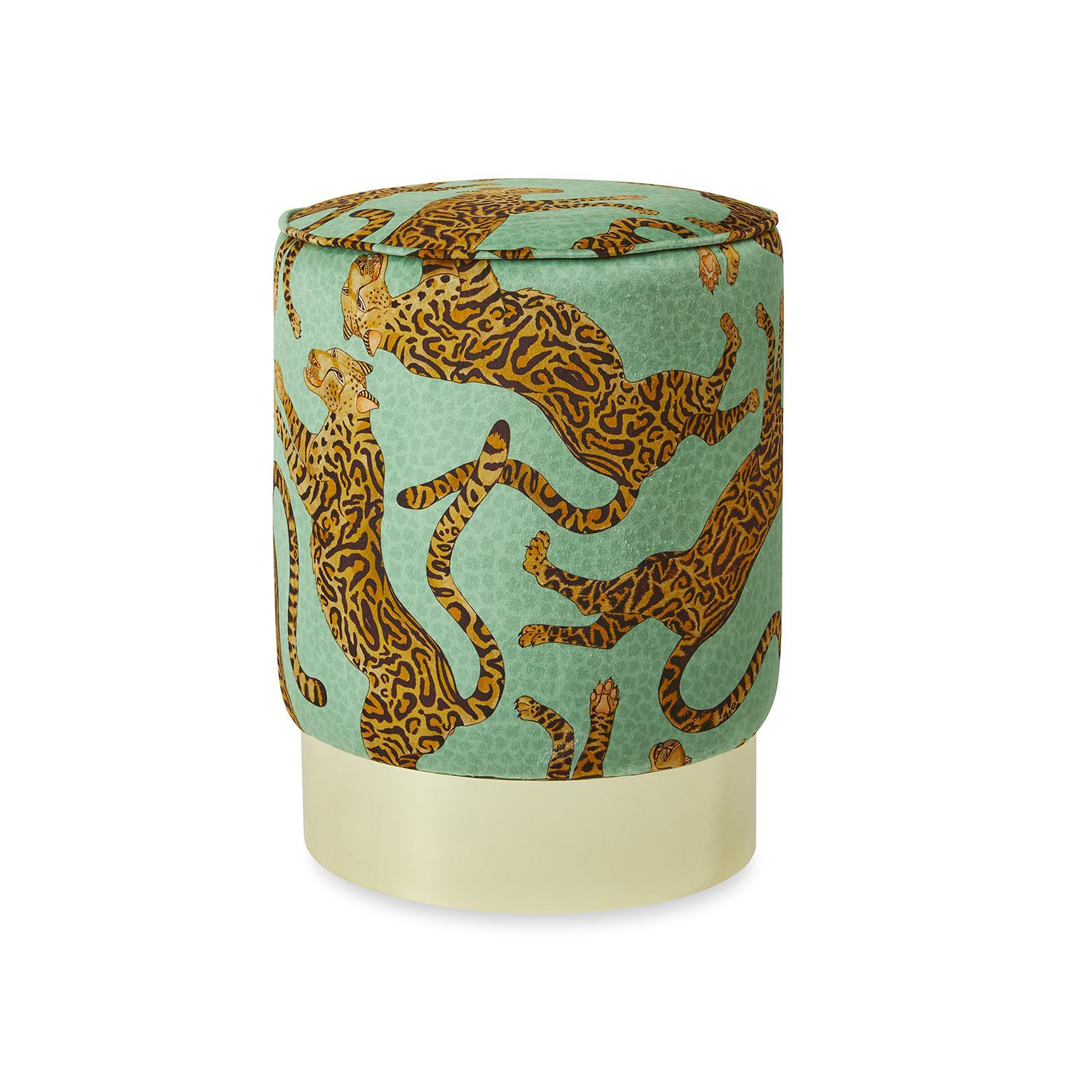 Cheetah Kings Velvet Pouf on Gold Base - Jade